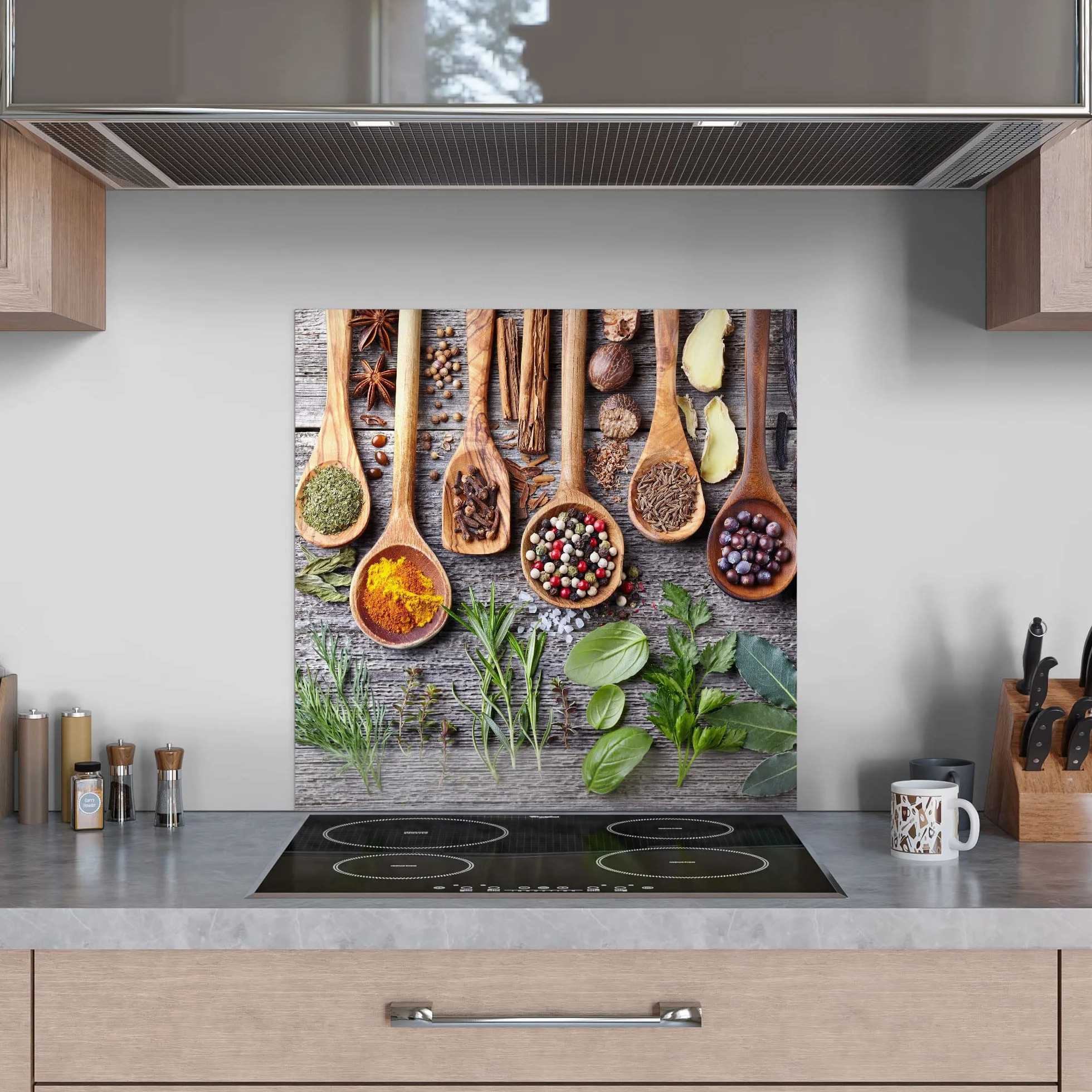 DEQORI Tylna ścianka kuchenna, szklana, motyw: dekoracyjna łyżka kuchenna, 60 x 60 cm, tylna ścianka do łazienki lub kuchenki, osłona przed pryskaniem, do kuchni i łazienki, nowoczesna dekoracja na kafelki