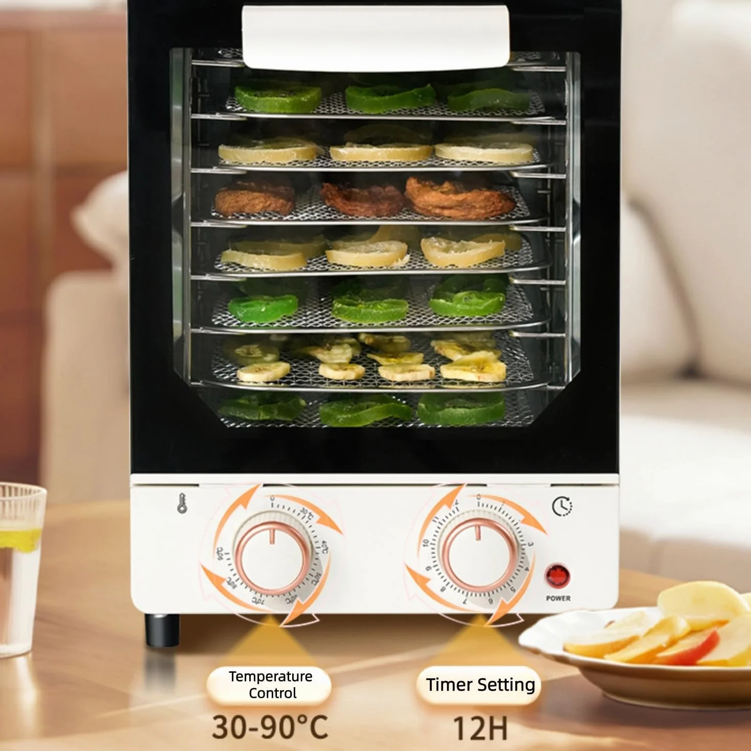 Suszarka do żywności 250W, 30℃-90℃ z podwójnym pokrętłem do suszenia owoców | Suszarka z siatki ze stali nierdzewnej 304, magnetyczne przezroczyste drzwi szklane, do domowych chipsów owocowych - 8 warstw