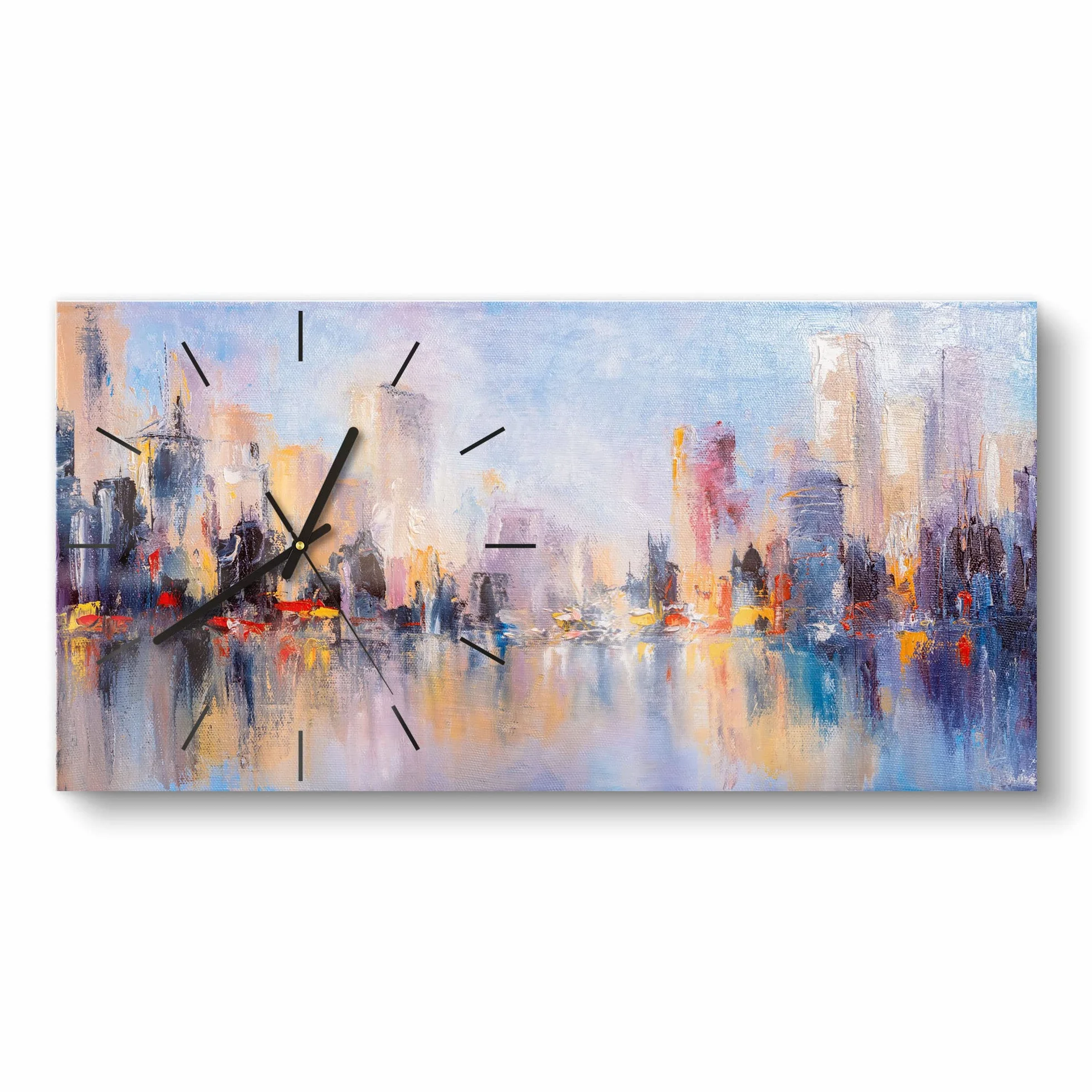 DEQORI Szklany zegar | pionowy 60 x 30 cm | motyw drapaczy chmur na wodzie | duży designerski zegar XXL | cichy zegar ścienny do salonu i kuchni | nowoczesny zegar na ścianę
