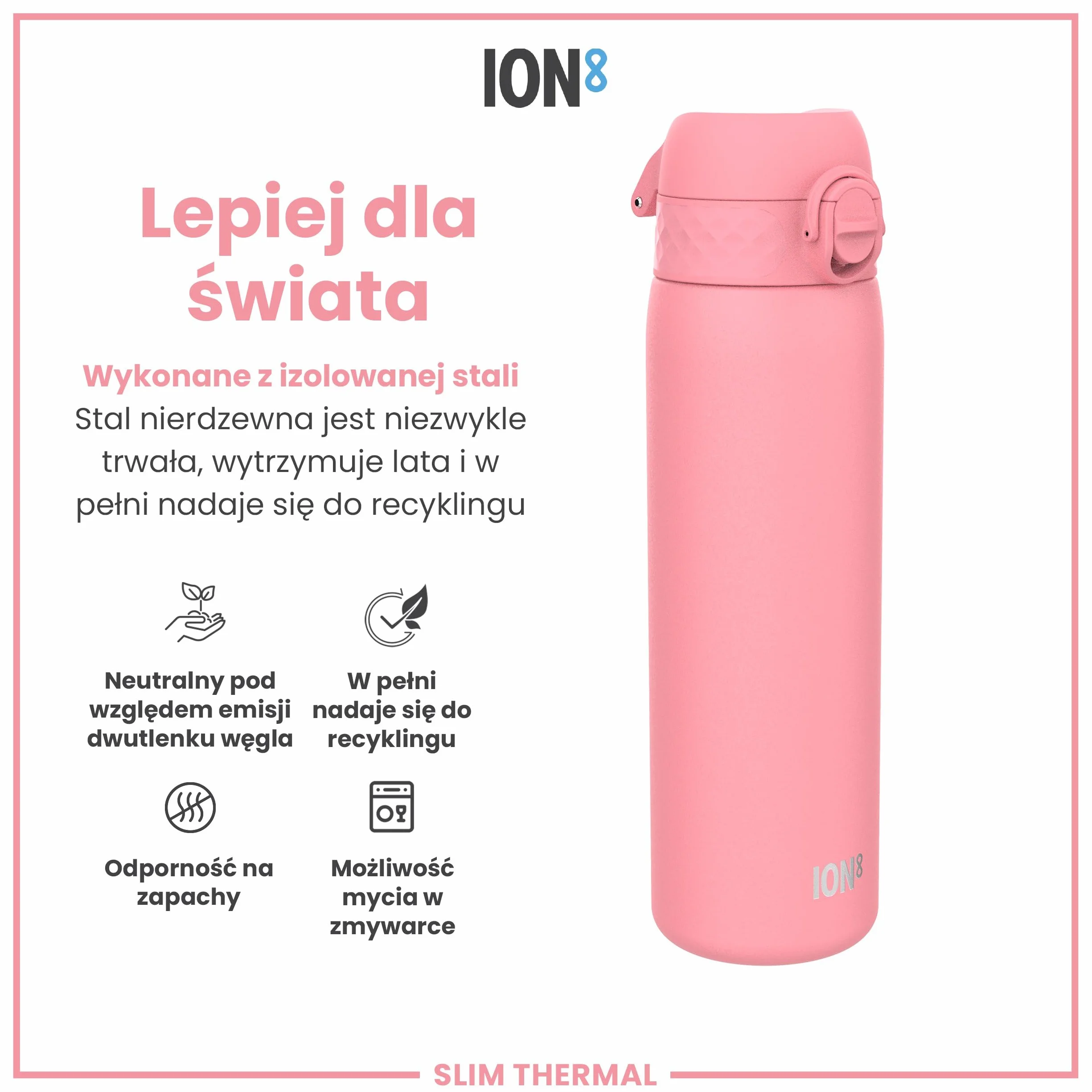 ION8 Termoizolowana Butelka na Wodę, Stali Nierdzewnej, 500 ml/18 oz, Szczelna, Łatwa w Otwieraniu, Bezpieczny Zamek, Można Myć w Zmywarce, Uchwyt do Przenoszenia, Metalowa Butelka, Kwiat Róży
