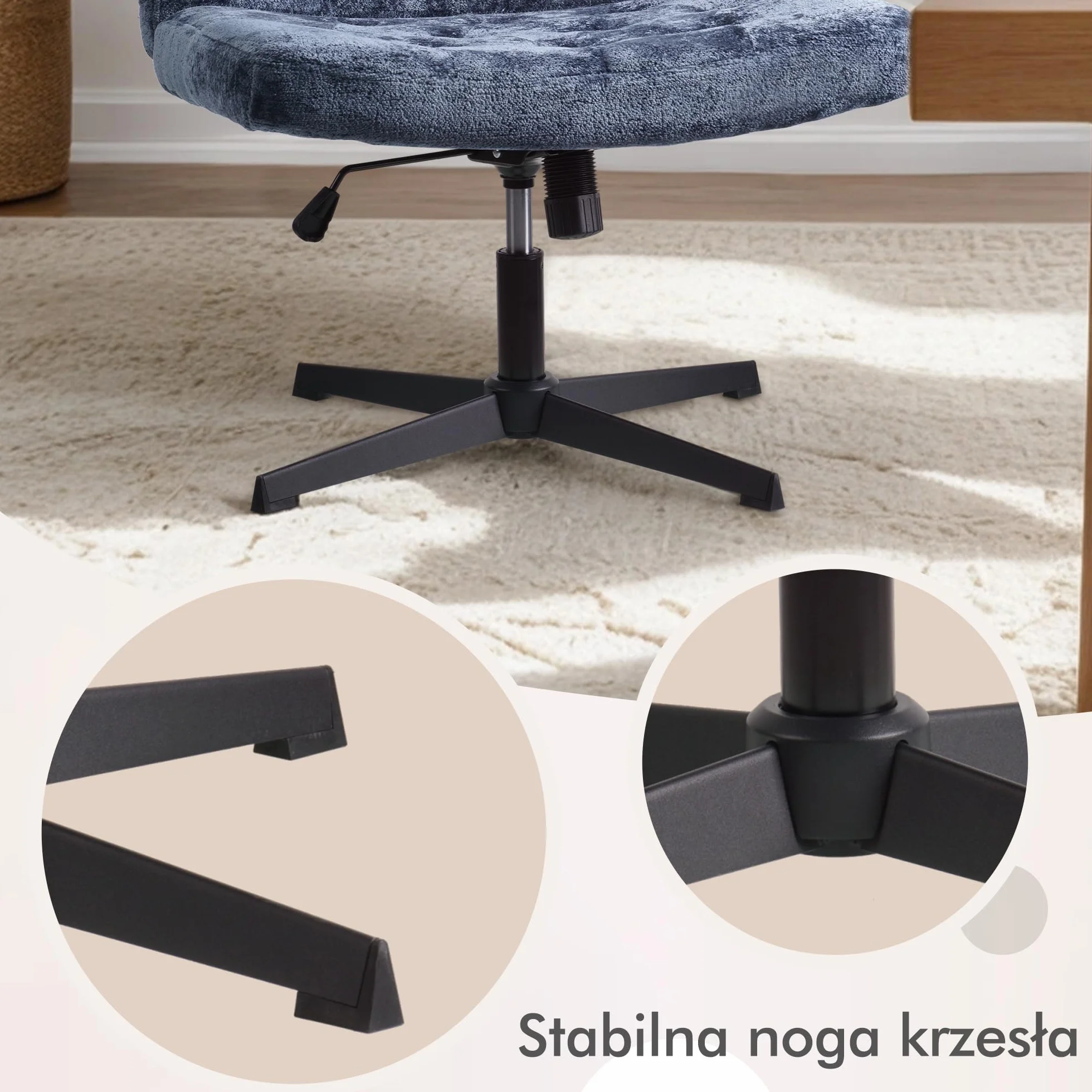 Krzesło na biurko bez ramion, krzesło z szerokim siedziskiem do sypialni, wyściełane krzesło do makijażu z tkaniny, krzesło ze skrzyżowanymi nogami (Niebieski)