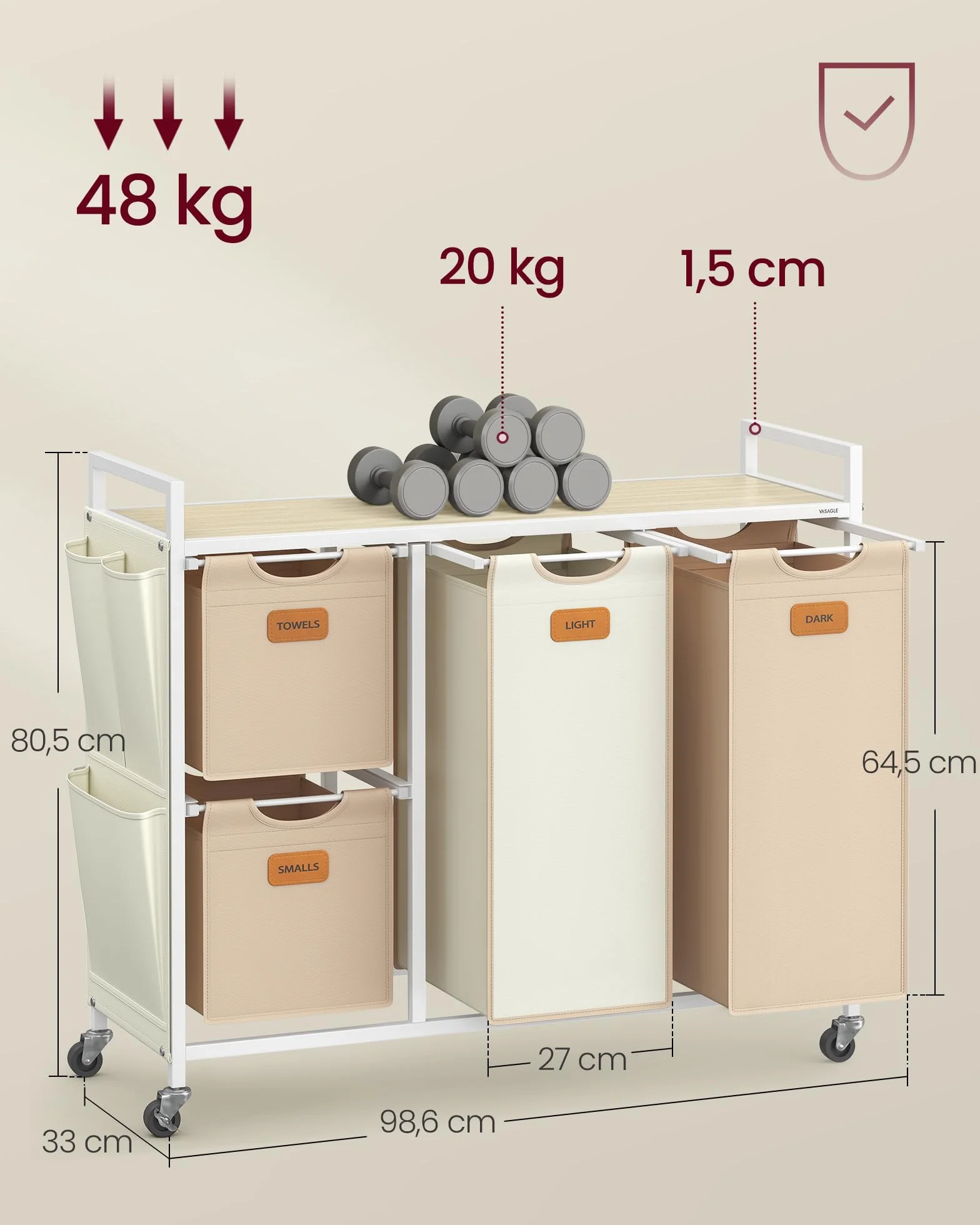 VASAGLE Kosz na bieliznę 4 przegrody, pojemnik na pranie 150 L, sortownik na pranie, kółka, wózek na pranie z półką, torba na pranie, naturalny beżowo-camelowy brązowo-kremowy biały BLH203N01