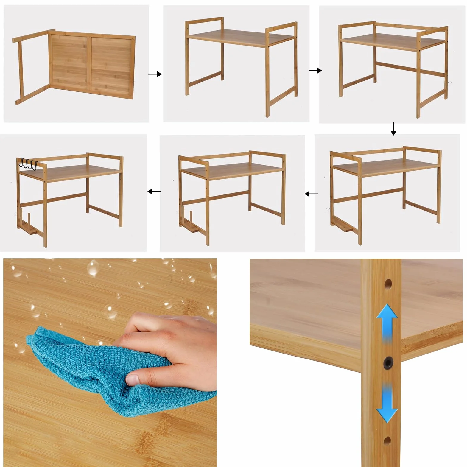 2-poziomowy bambusowy stojak na kuchenkę mikrofalową z haczykami i stojakiem na deskę do krojenia, regulowany, wolnostojący, do kuchni, rustykalny minimalistyczny design, oszczędność miejsca