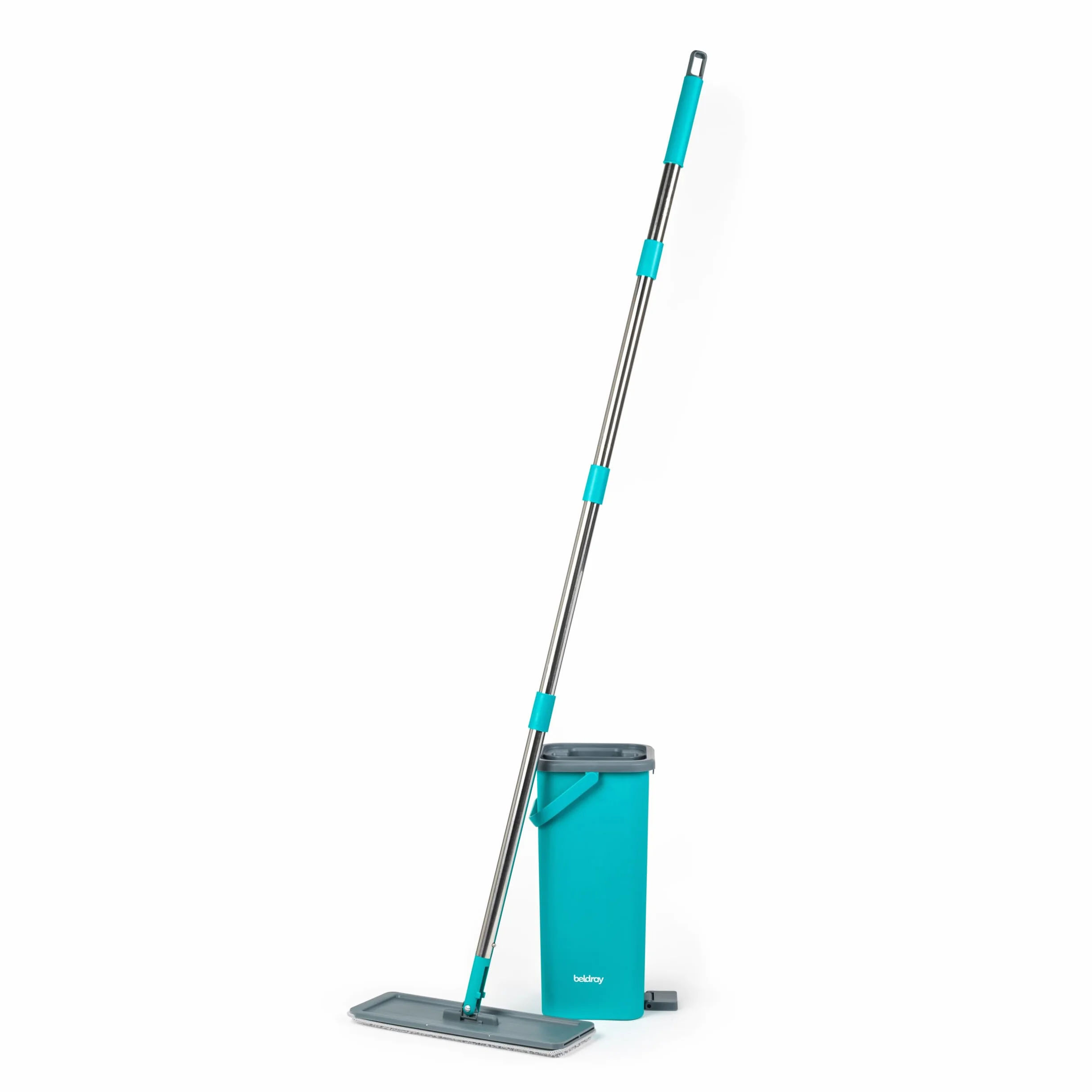 Beldray AntiBac Mop Płaski & Wiadro - 5 L, Wbudowana Funkcja Wyżymania, Zintegrowany Podnóżek, Głowica Obracająca się o 180°, 2 Dodatkowe Nakładki na Mop w Zestawie, Kompaktowy Design, Smukła Głowica
