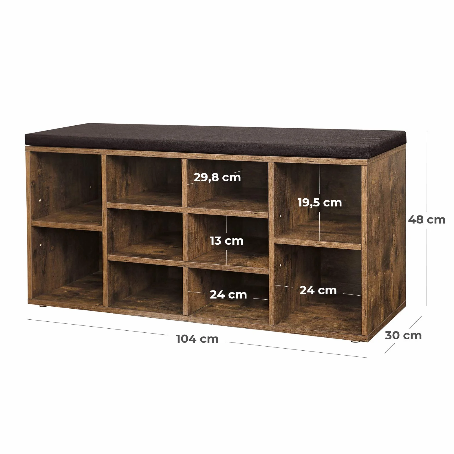 VASAGLE Banco para Zapatos, Repisa para Zapatos, Armario de Almacenamiento, 10 Compartimentos, con Cojín, para Entrada, 104 x 30 x 48 cm, Marrón Rústico LHS10BX