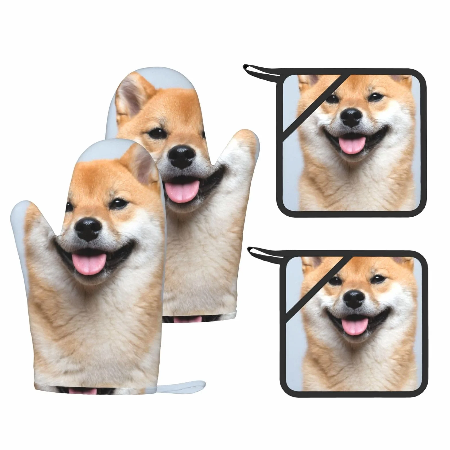 Uśmiechnięty nadruk Shiba Inu rękawice żaroodporne i podkładka wielokrotnego użytku rękawice kuchenne