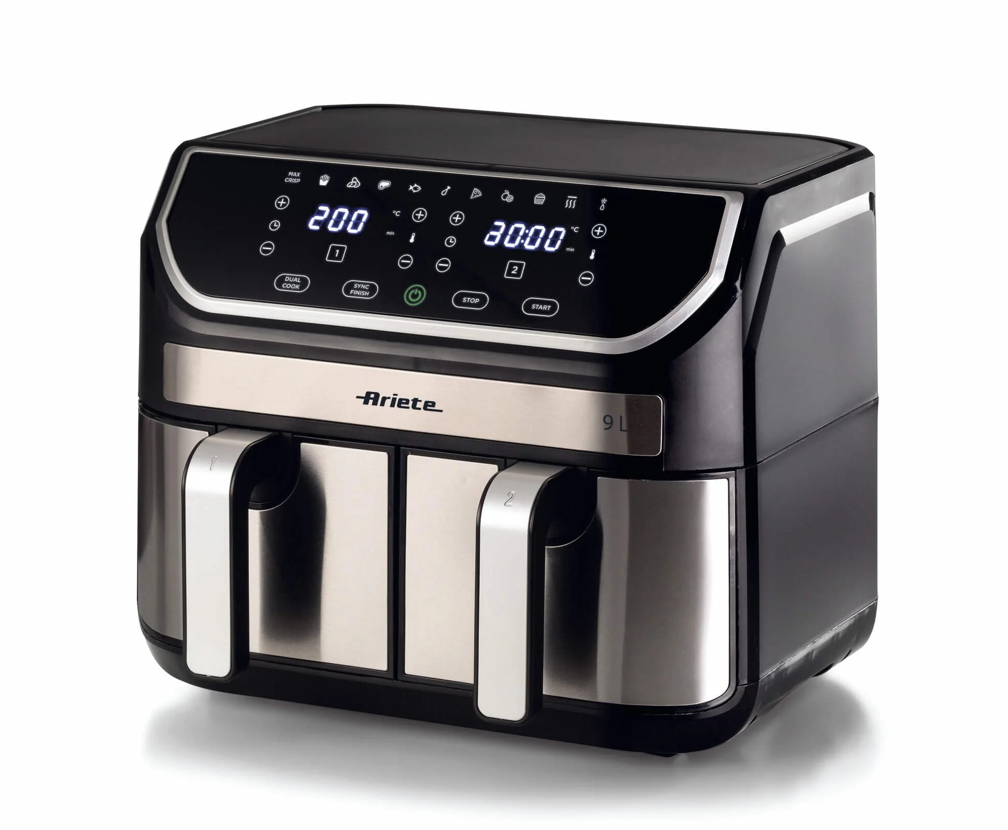 Ariete 4625 frytkownica powietrzna 9 l, 2100 W, pojemność 9 l, podwójny kosz, pojemność gotowania 3,6 kg, 11 zaprogramowanych programów, funkcja Max Crisp, temperatura do 200°C, nieprzywierający kosz