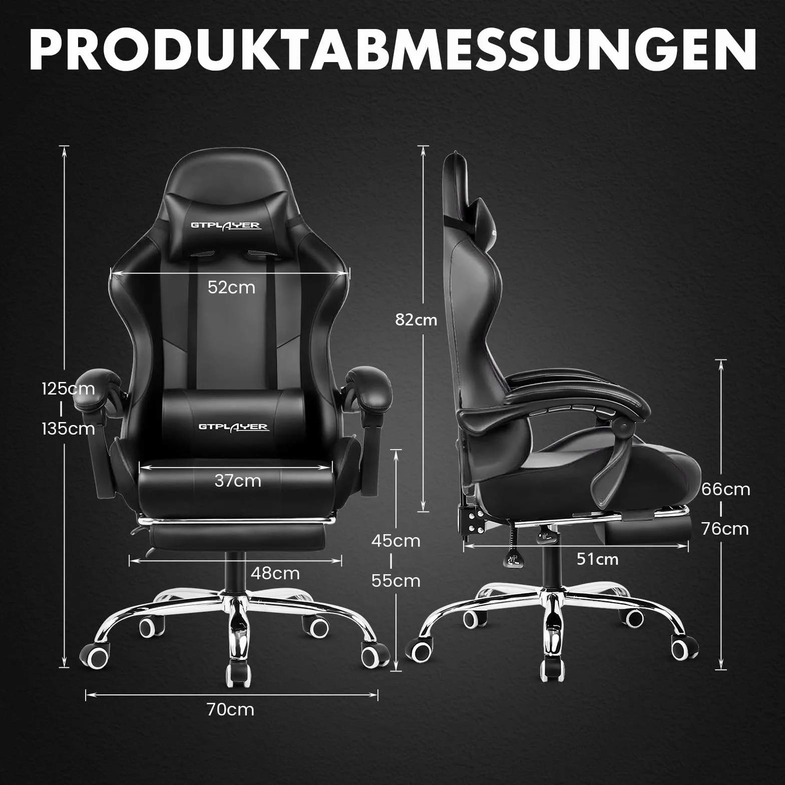 GTPLAYER Krzesło gamingowe ergonomiczne z podparciem masażu, podnóżkiem i zagłówkiem, czarna sztuczna skóra