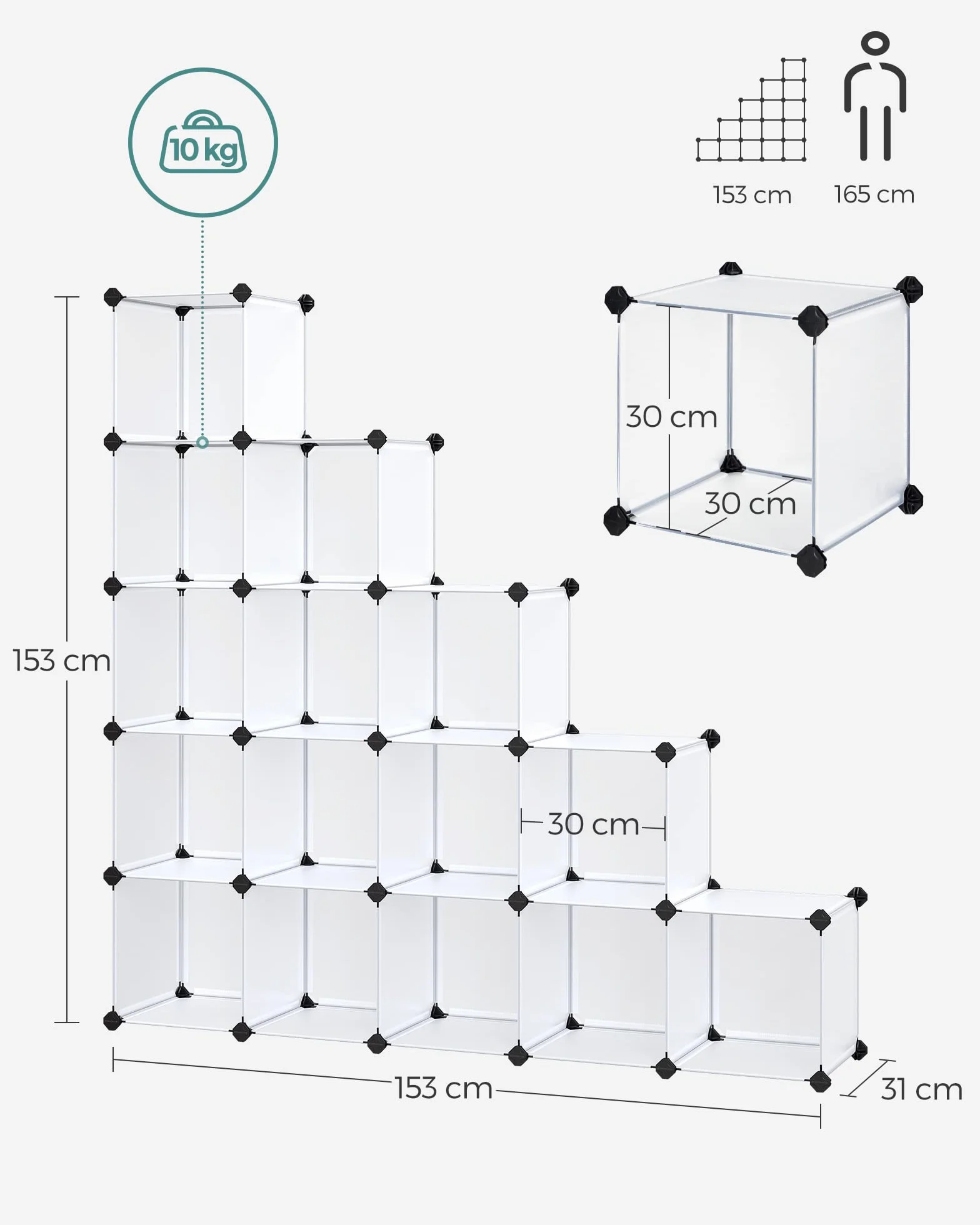 SONGMICS LPC44L system regałowy, regał na buty, regał typu "zrób to sam", możliwość układania w stos, regał wtykowy z tworzywa sztucznego PP, garderoba, ścianka działowa, do sypialni, biura, biały