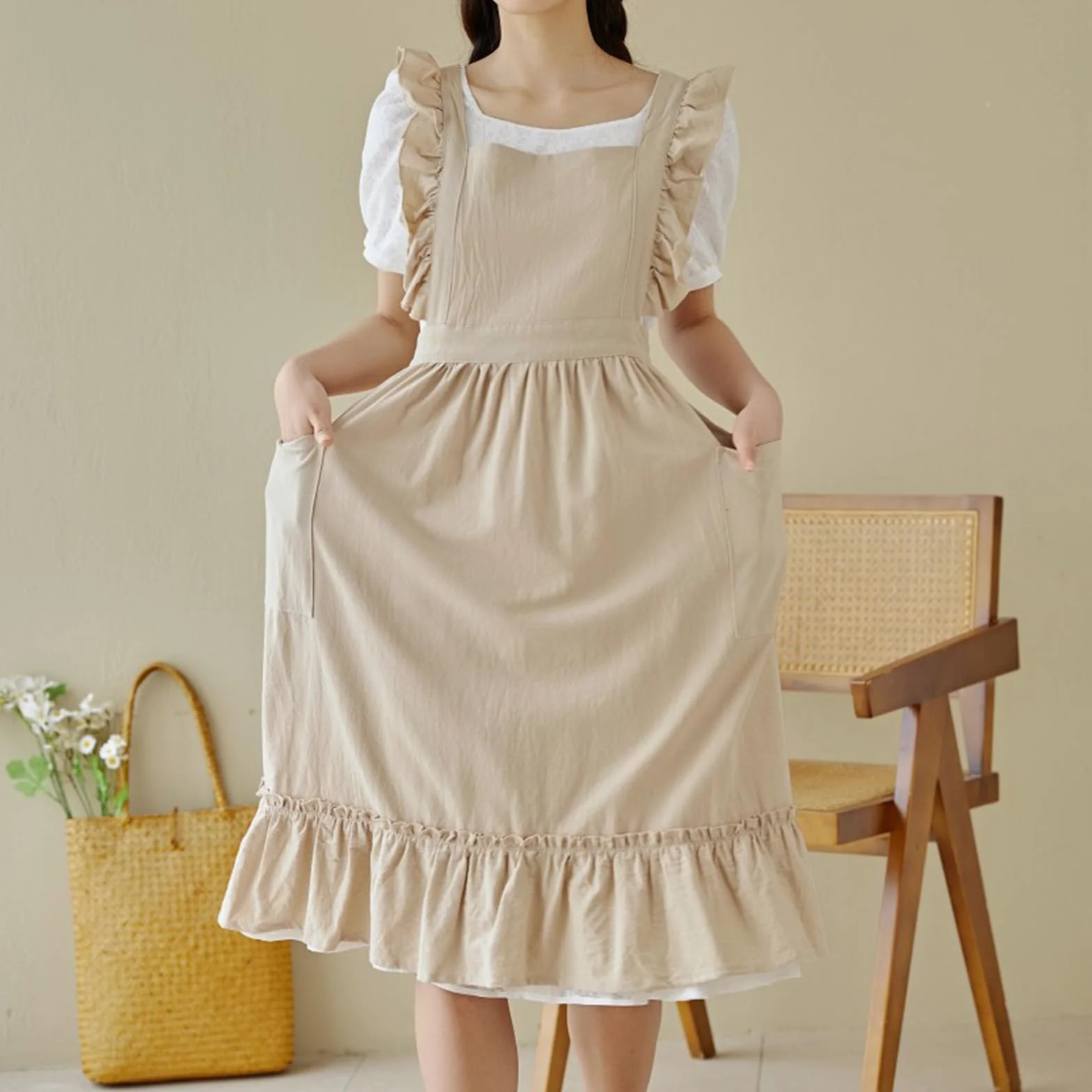Retro Damskie Fartuchy Z 2 Kieszeniami - Bawełniany Fartuchów Seksowny Do Kuchnia Gotowanie OgroduBeige,One Size