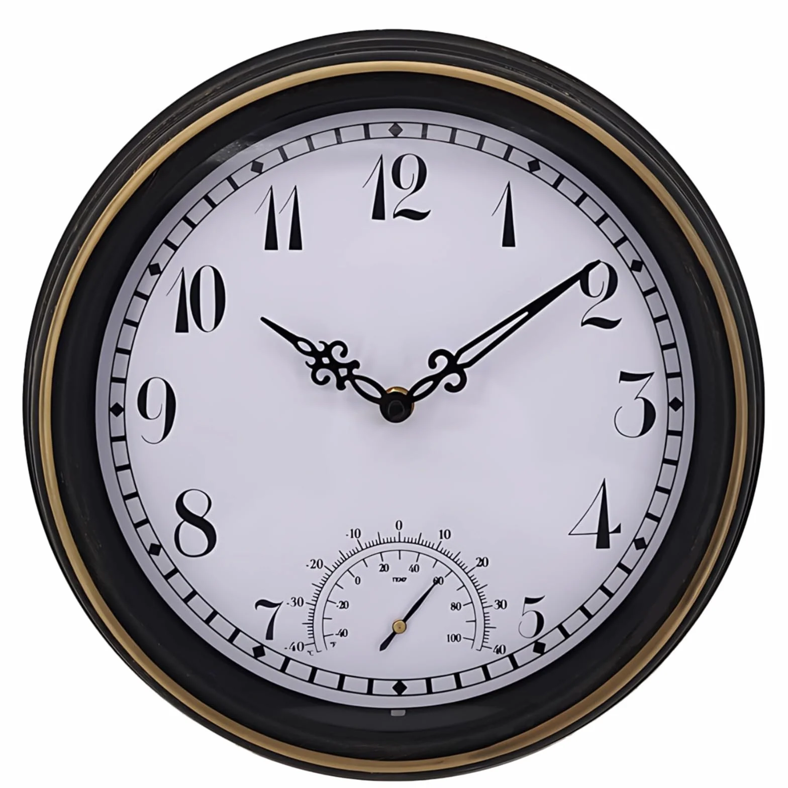 Zegar ścienny zewnętrzny wodoodporny, z termometrem, 30 cm / 30,5 cm, okrągły złoty, czarny i duże numery ramek z PCW, do ogrodu, patio i zegara, styl vintage