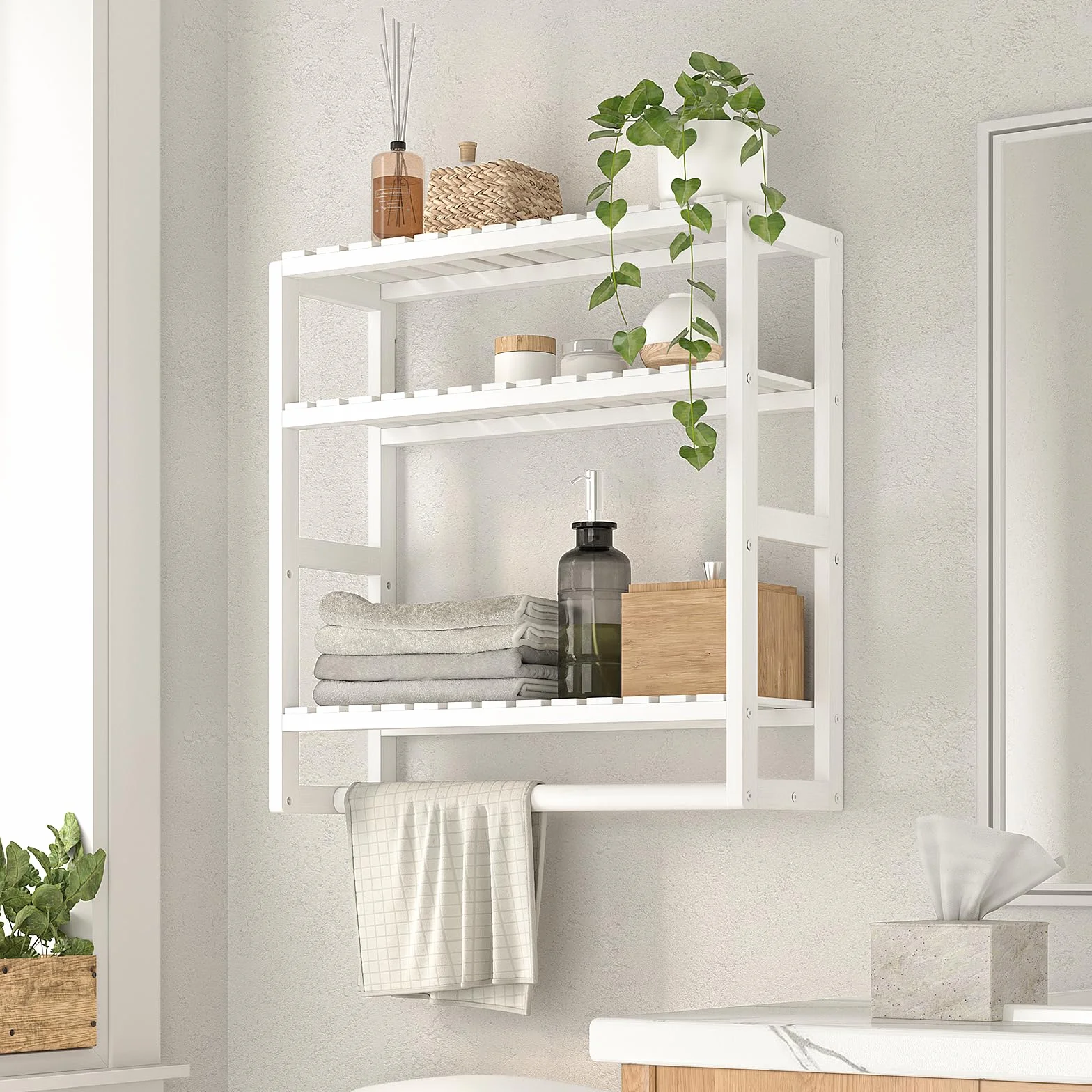 Bamworld Półka łazienkowa Bambusowa Regał Regulowany 3 Poziomowy Nad Toaletę Organizer Do Przechowywania Montaż Ścienny Oszczędność Miejsca Do Salonu Łazienki Kuchni Biały