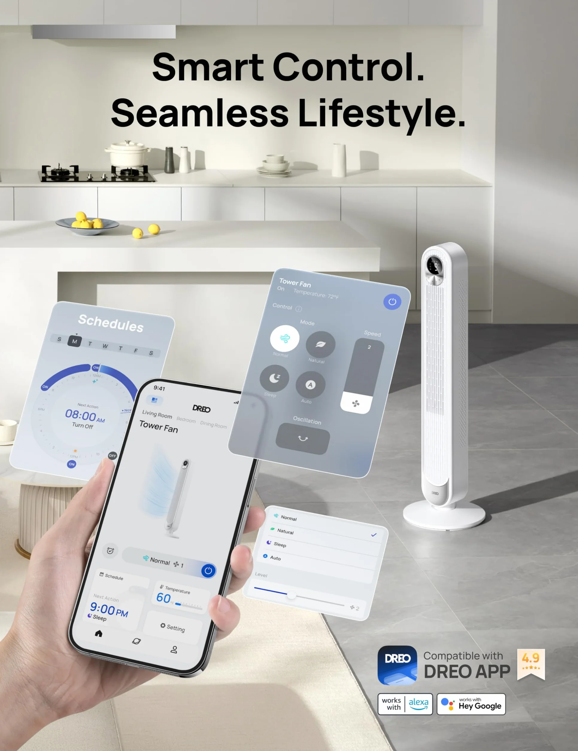 Dreo Smart wentylator kolumnowy z WiFi, sterowanie głosem, współpracuje z Alexa, sterowanie za pomocą aplikacji, cichy wentylator oscylacyjny 90°, 6 ustawień prędkości, 4 tryby, timer 12-godzinny
