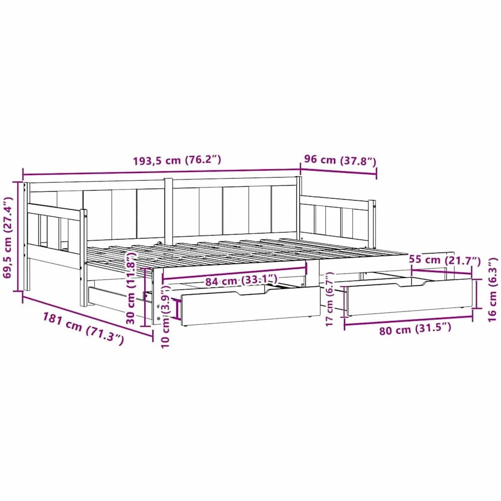 vidaXL Sofa rozsuwana z szufladami, bez materaca, 90x190 cm