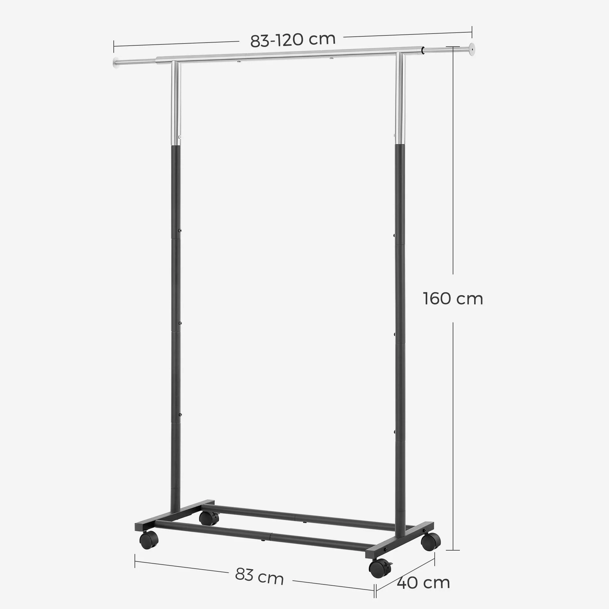 SONGMICS Wieszak na płaszcze, wieszak na ubrania, stojak na płaszcze z kółkami, obciążenie do 25 kg, regulowany, srebrno-czarny HSR101B01