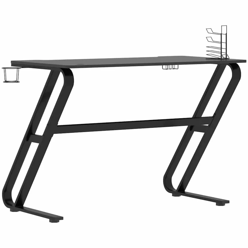 Biurko do gier z ramą ZZ, czarne, drewno i żelazo, 110 x 60 x 75 cm, z półką na słuchawki i kontrolerem, uchwytem na kubek, stabilne biurko komputerowe, do domowego biura i gier