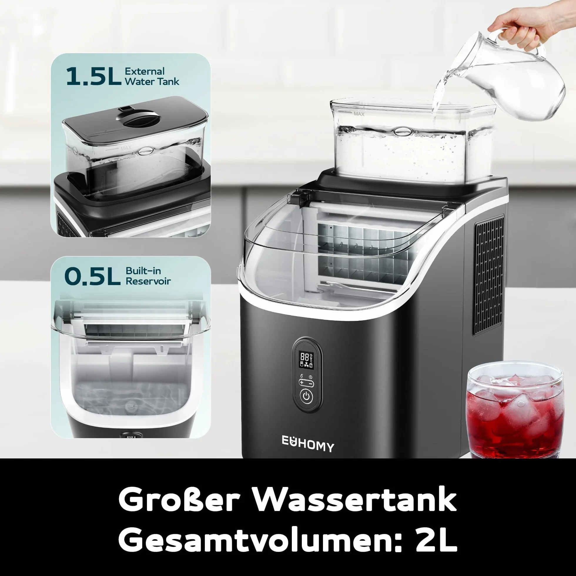 EUHOMY Maszyna do lodu 15 kg/24h samoczyszcząca 1,5 l czarny
