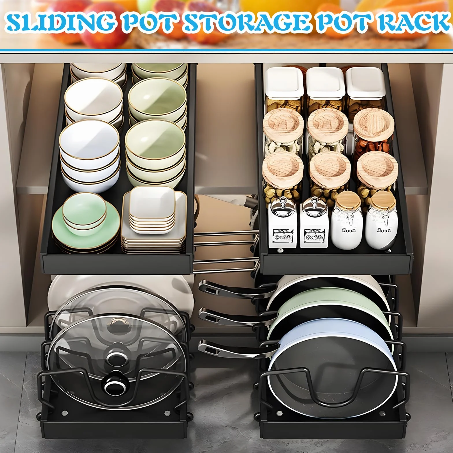 ZLPBAO Sliding Pot Lid Holder with 12 Adjustable Compartments, Space-Saving Pan Holder for Pans, Lids and Plates, Metal Stand, Kitchen Container