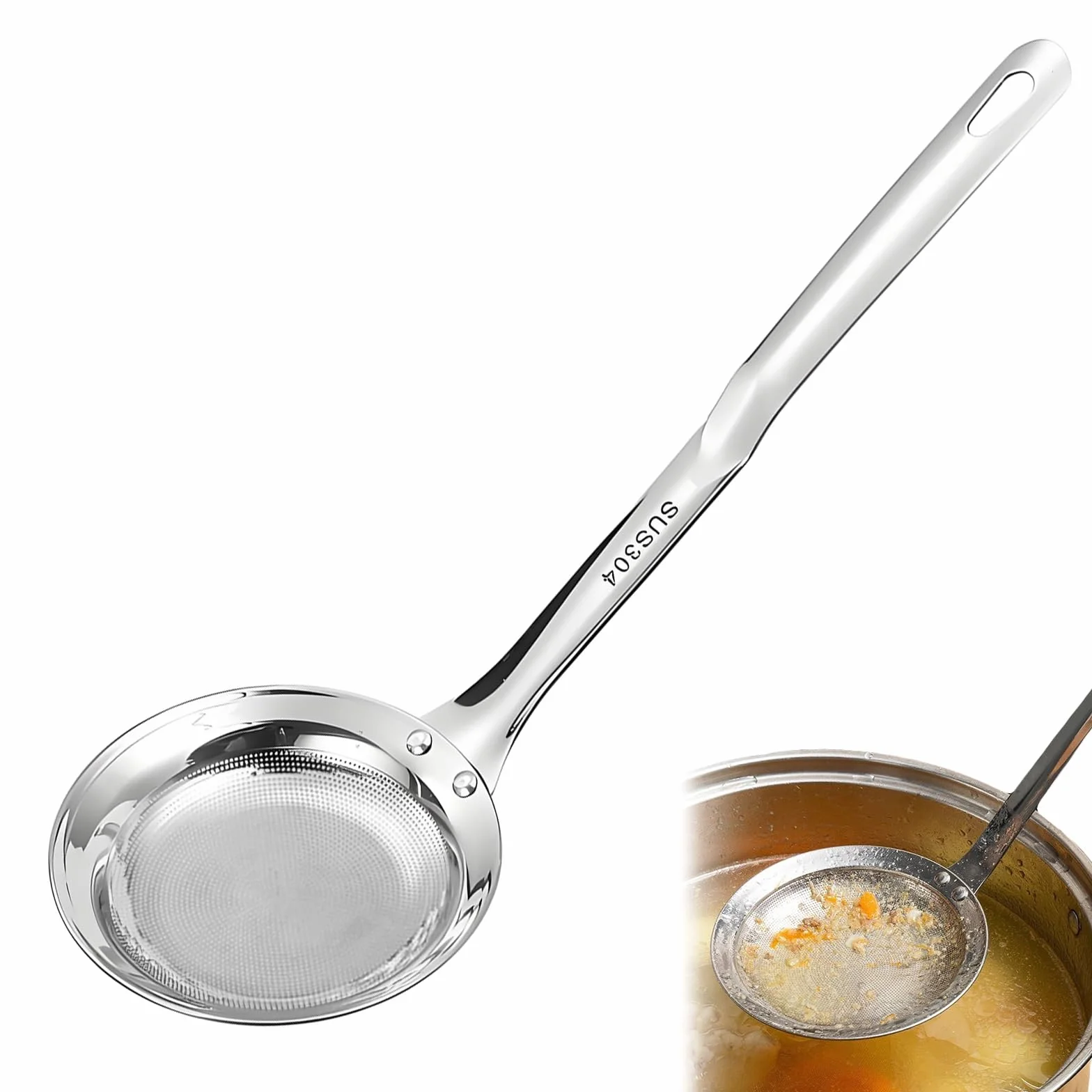 Łyżka cedzakowa, łyżka ze stali nierdzewnej, łyżka do smażenia, chochla do smażenia z drobnym sitkiem, małe sitko, sitko do kuchni, odtłuszczacz, chochla do oleju, pianki, resztek żywności (L)