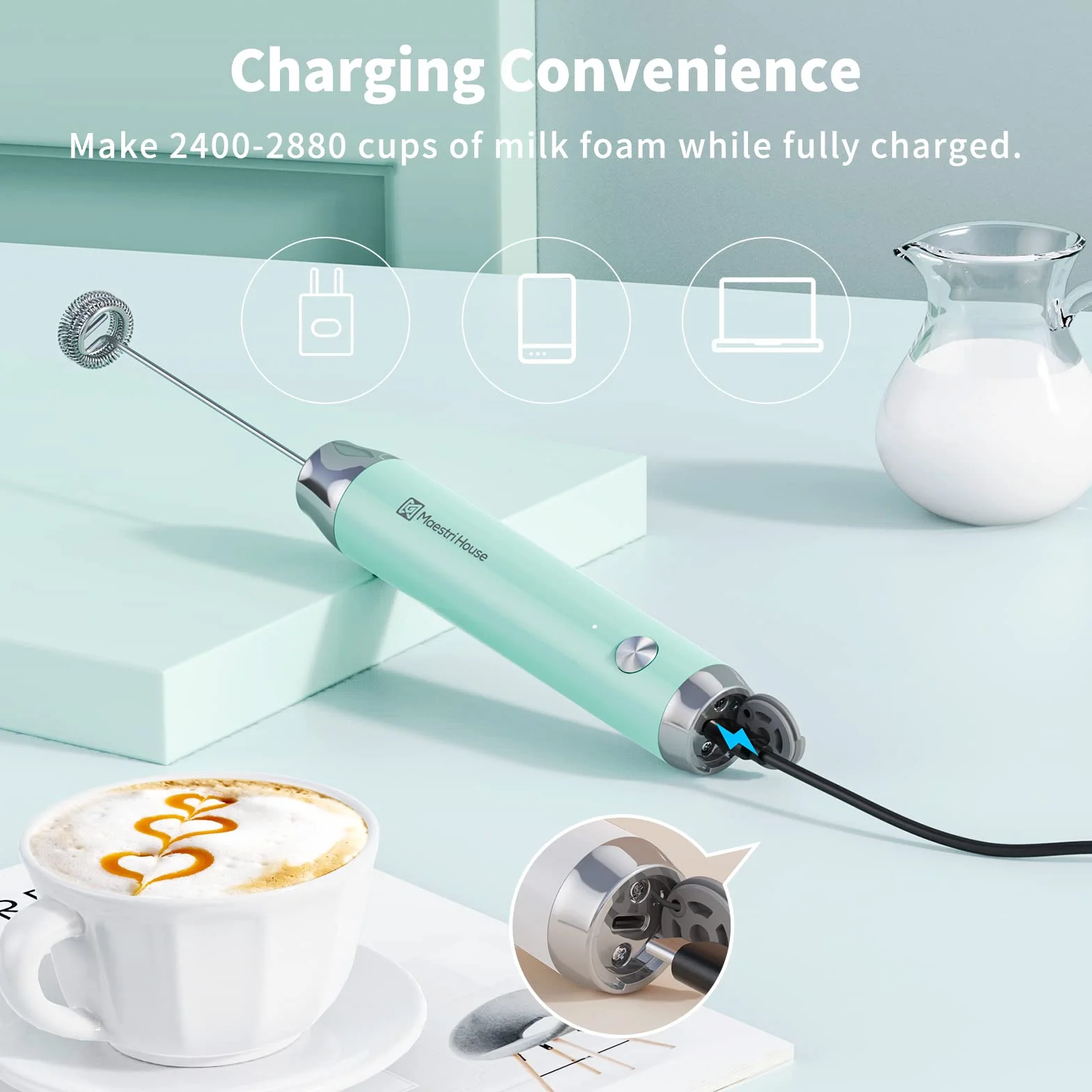 Maestri House Akumulatorowy spieniacz do mleka, ręczny elektryczny ekspres do pianki, wodoodporny, odłączany, ze stali nierdzewnej, mikser do napojów, spieniacz do latte, cappuccino (niebieski)