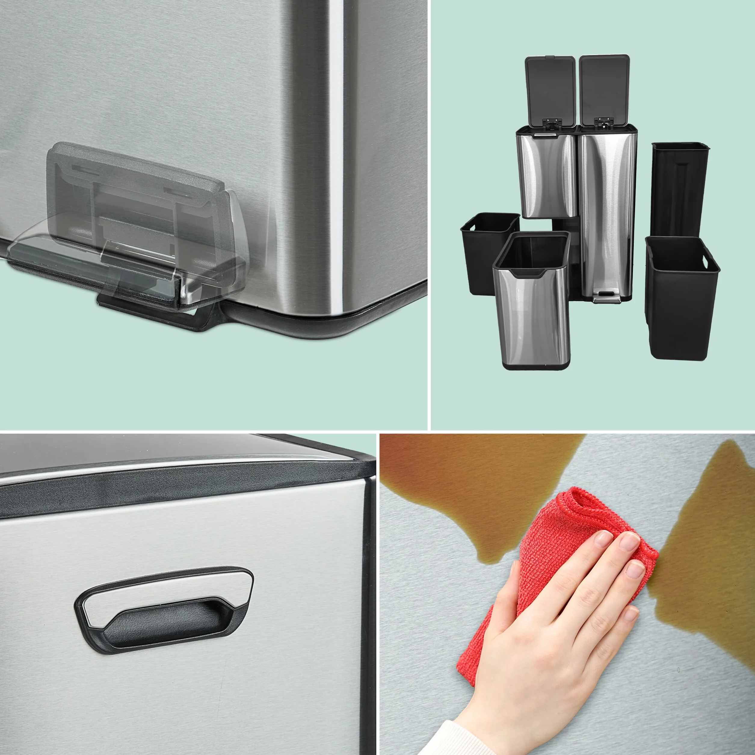 Relaxdays Kosz na śmieci, 3 przegródki, 60 l, wyjmowany kosz wewnętrzny, Soft Close, nożny, stal nierdzewna, segregator śmieci, kuchnia, srebrny