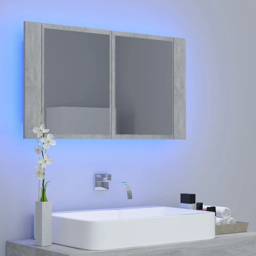 Szafka łazienkowa z lustrem LED, betonowa, szara, 80 x 12 x 45 cm, akryl, szafki i przechowywanie, szafki toaletkowe, szafki łazienkowe