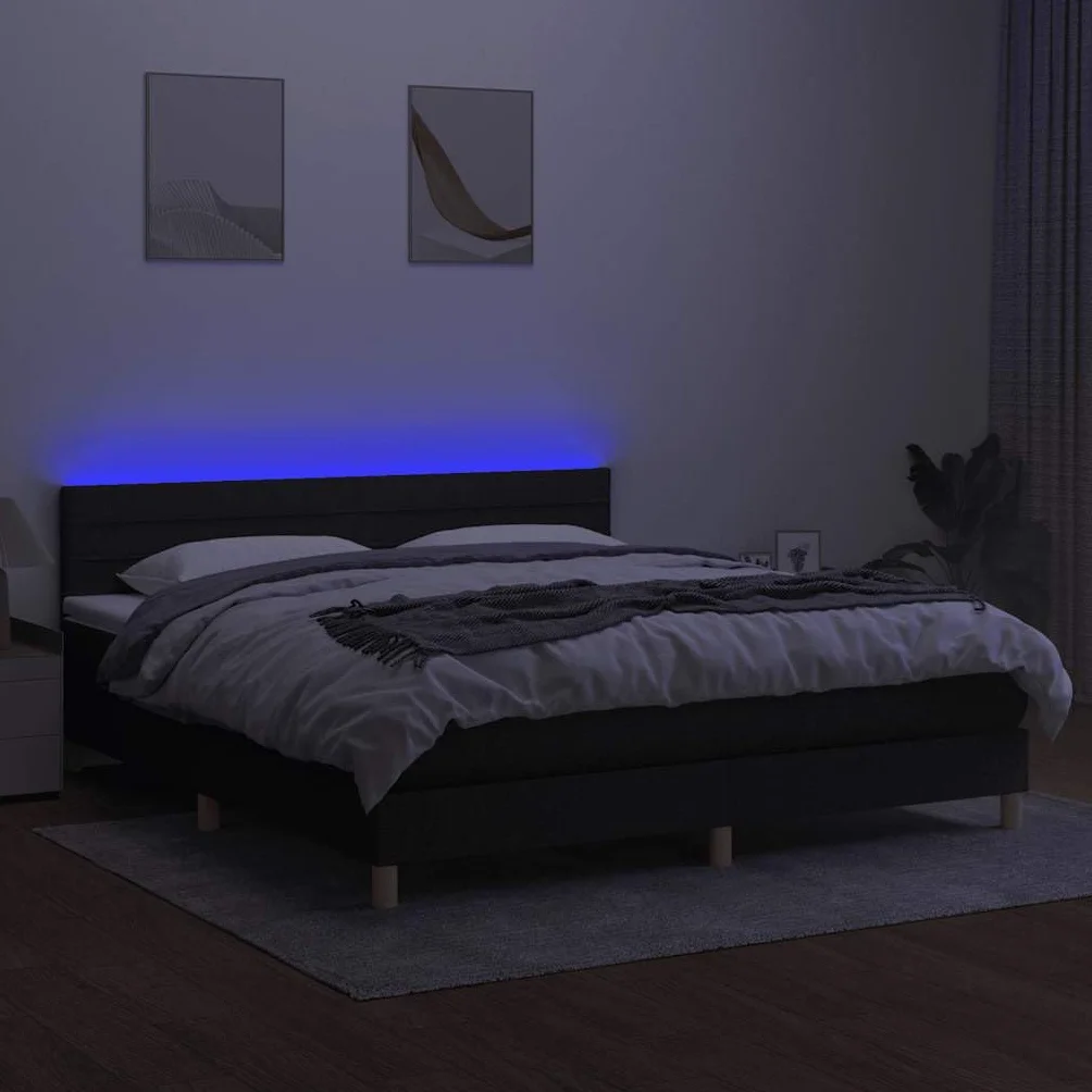 tkanina LED regulowany zagłówek kontynentalne 180x200cm czarny | Łóżko kontynentalne 180x200 z materacem sprężynowym LED, czarna tkanina z regulowanym zagłówkiem do sypialni