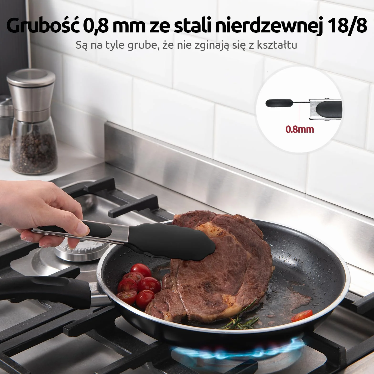 U-Taste Szczypce kuchenne silikonowe 18cm: żaroodporne do 250℃ szczypce do gotowania z mocno uszczelnionymi antyprzylepnymi gumowymi końcówkami i pokrytą silikonem stalową rączką i gładkim zamknięciem