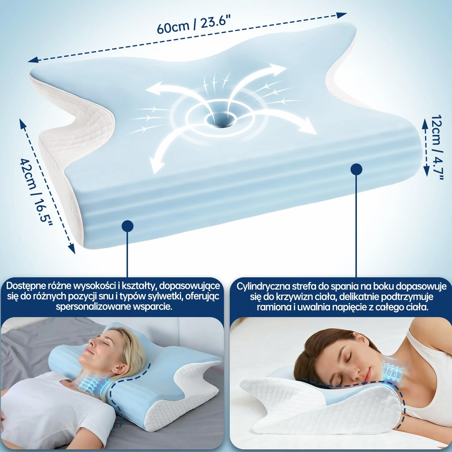 Poduszka Ortopedyczna do Spania Profilowana 2w1, Ergonomiczna Pianka Memory, pod Szyję i Kark, Przeciw Chrapaniu, dla Śpiących na Boku, Plecach i Brzuchu, 60x42x14/12 cm (Niebieska)