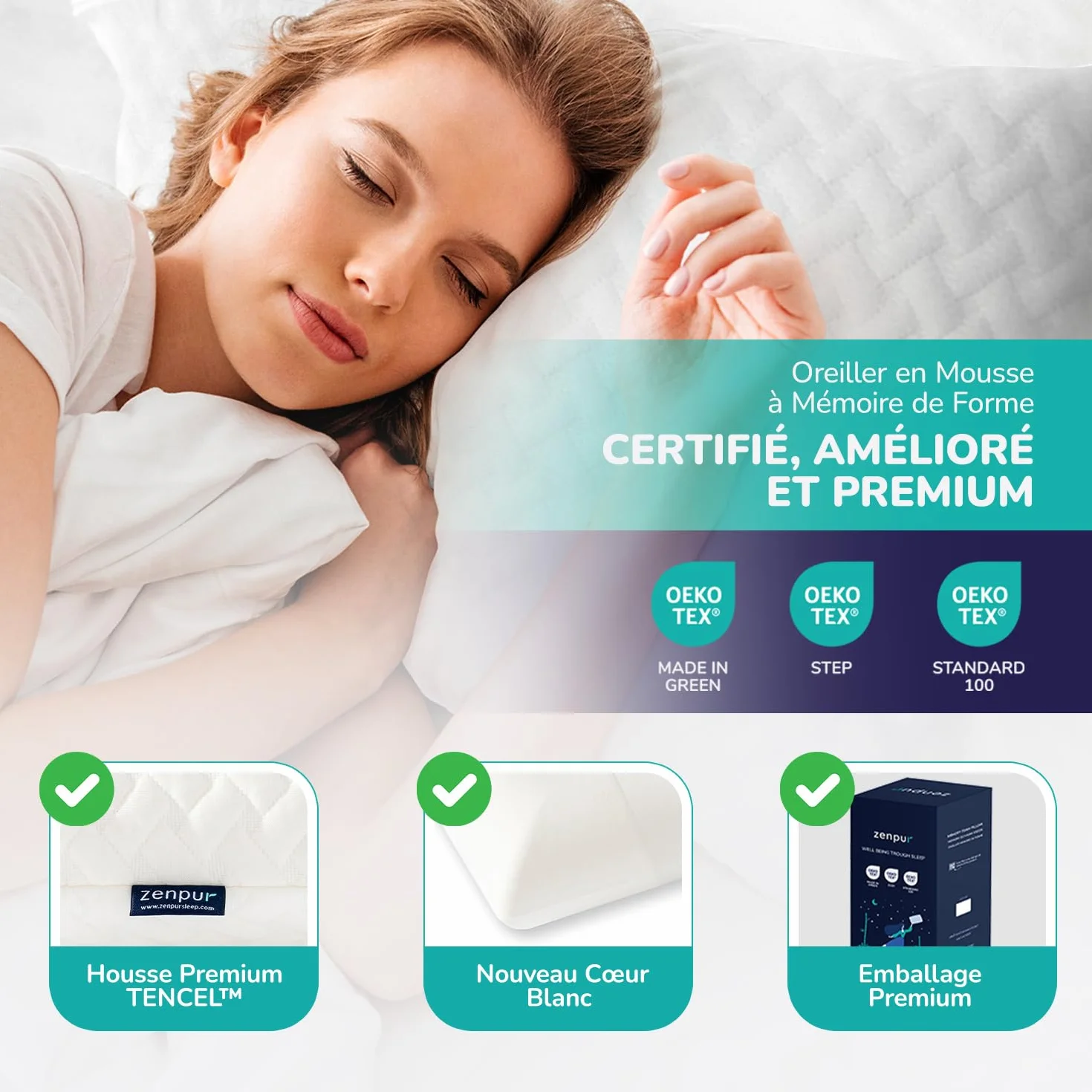 ZenPur Oreillers Ergonomique Cervical, Lot de 2 Coussins Mémoire Forme, Douleurs pour la Nuque, Anti Acarien & Ronflement, Housse Bambou, Fabriqué EU – Souple, Idéal pour Dormeurs Ventre