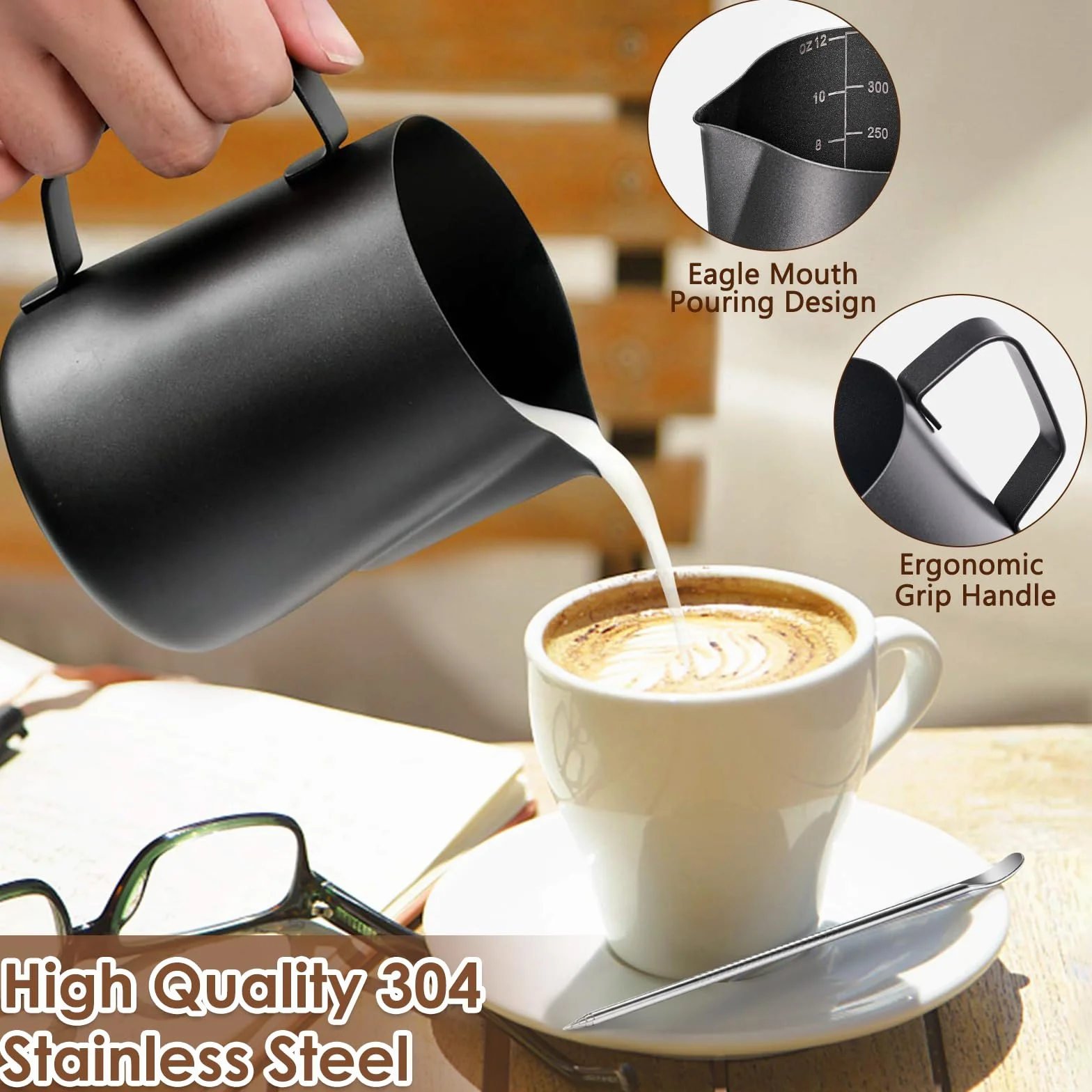 Anpro Metalowy dzbanek do spieniania mleka, 350 ml / 340 ml dzbanek na mleko ze stali nierdzewnej 304 z pisakiem artystycznym do dekoracji latte, metalowe akcesoria baristów do cappuccino latte i