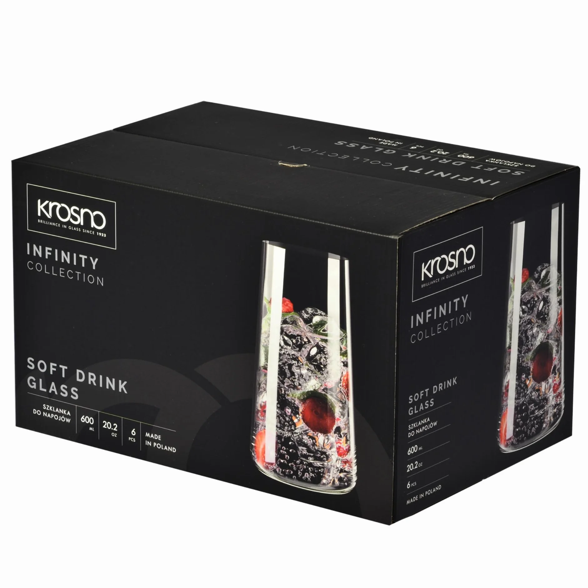 KROSNO Infinity Szklanki do Wody i Napojów 600 ml, Zestaw 6 szt – Wysokie, Nowoczesne, Szkło Kryształowe Bezołowiowe, Do Soku, Koktajli, Do Domu i Restauracji, Zmywarka