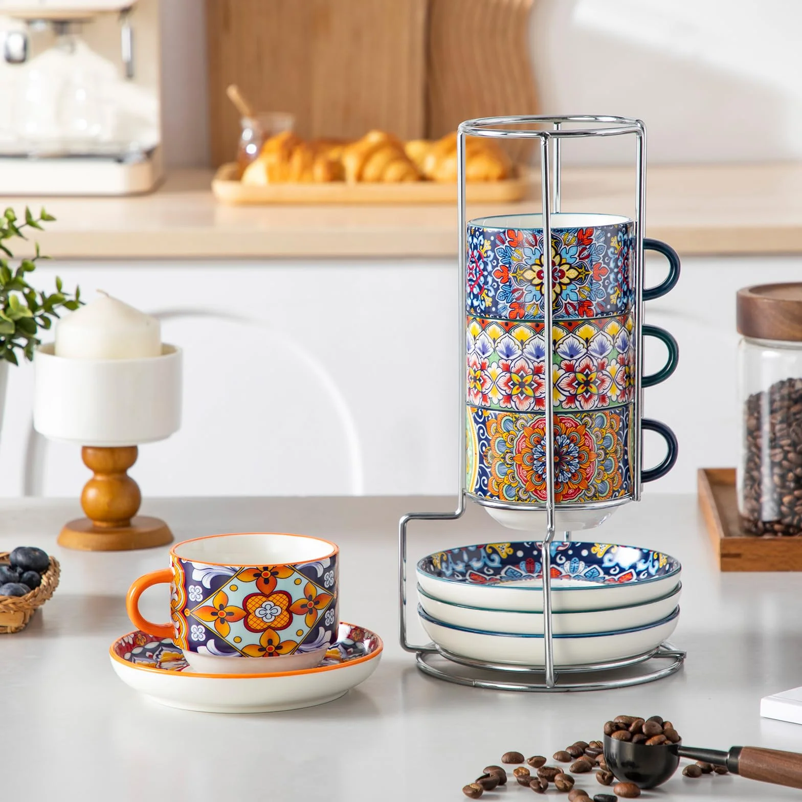 Vancasso zestaw filiżanek do espresso, 4-częściowy, 270 ml, duże filiżanki do espresso, grubościenne z spodkami i podstawką, można układać w stos, filiżanki do espresso z porcelany, kubki do mokki