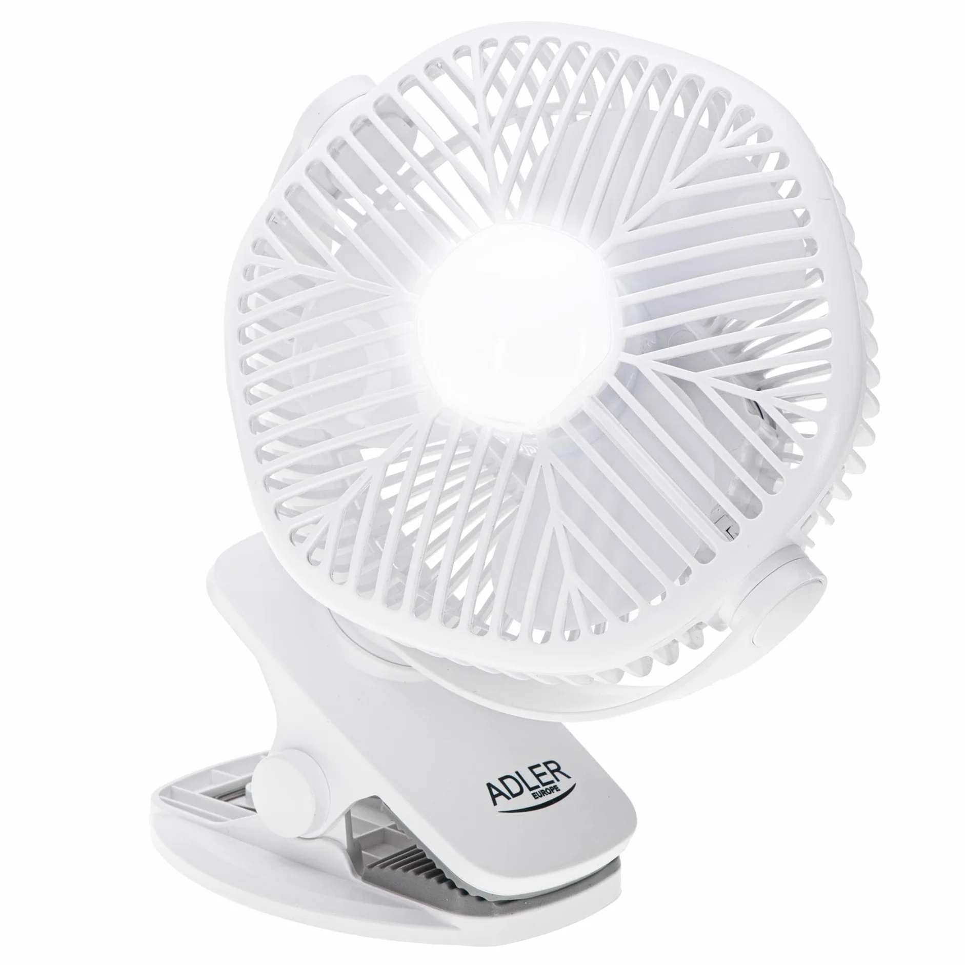 ADLER EUROPE Wentylator stołowy z akumulatorem i zaciskiem - Wentylator USB z oświetleniem LED - 3 prędkości i możliwość obrotu o 360° - Wentylator z zaciskiem 15,3 x 10,5 x 19,9 cm - Biały