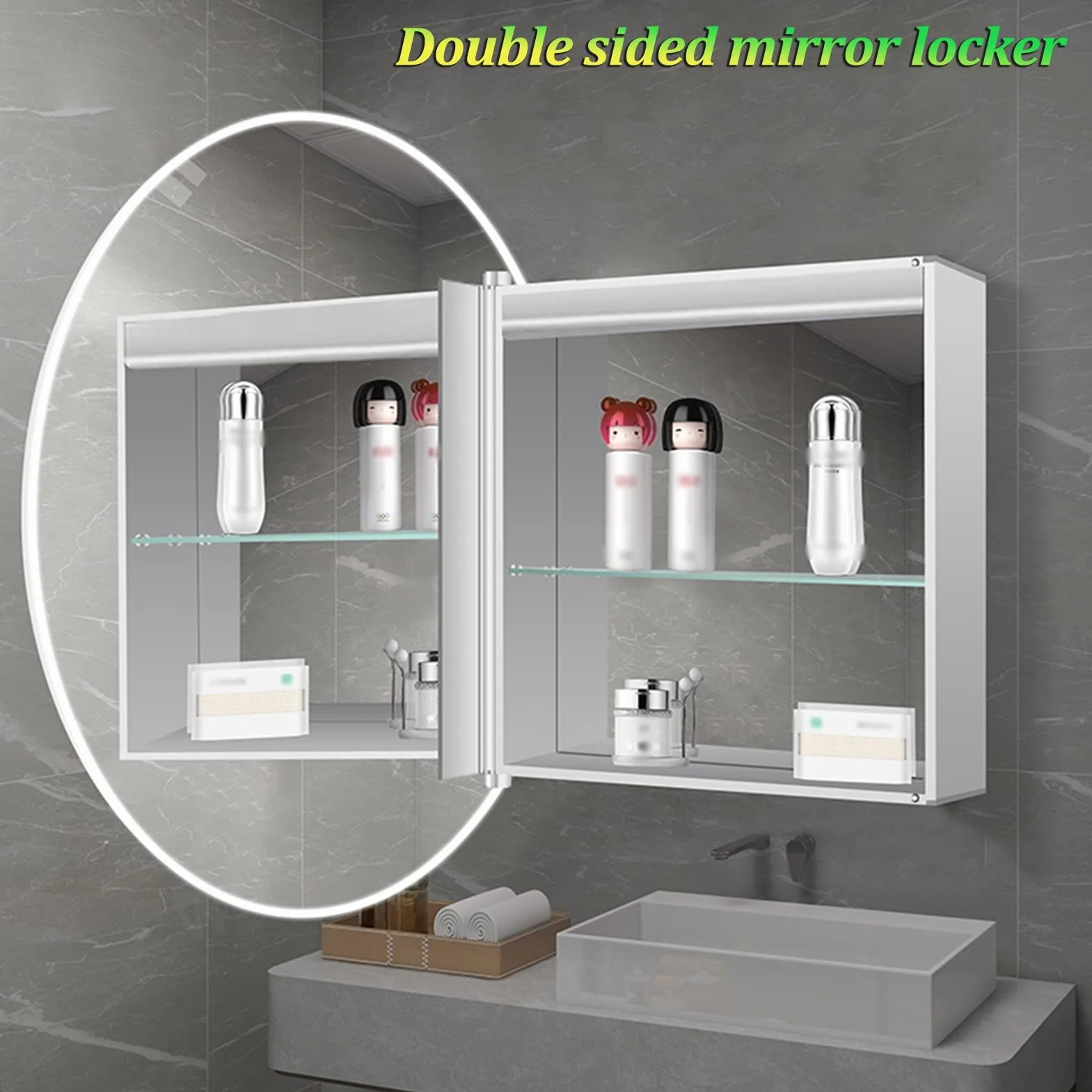 Lustro łazienkowe LED, Szafka z lustrem łazienkowym, szafki LED, organizer funkcją odmgławiania, ściemniacz, szafka ścienna ze szklanymi drzwiami(Silver,70cm)
