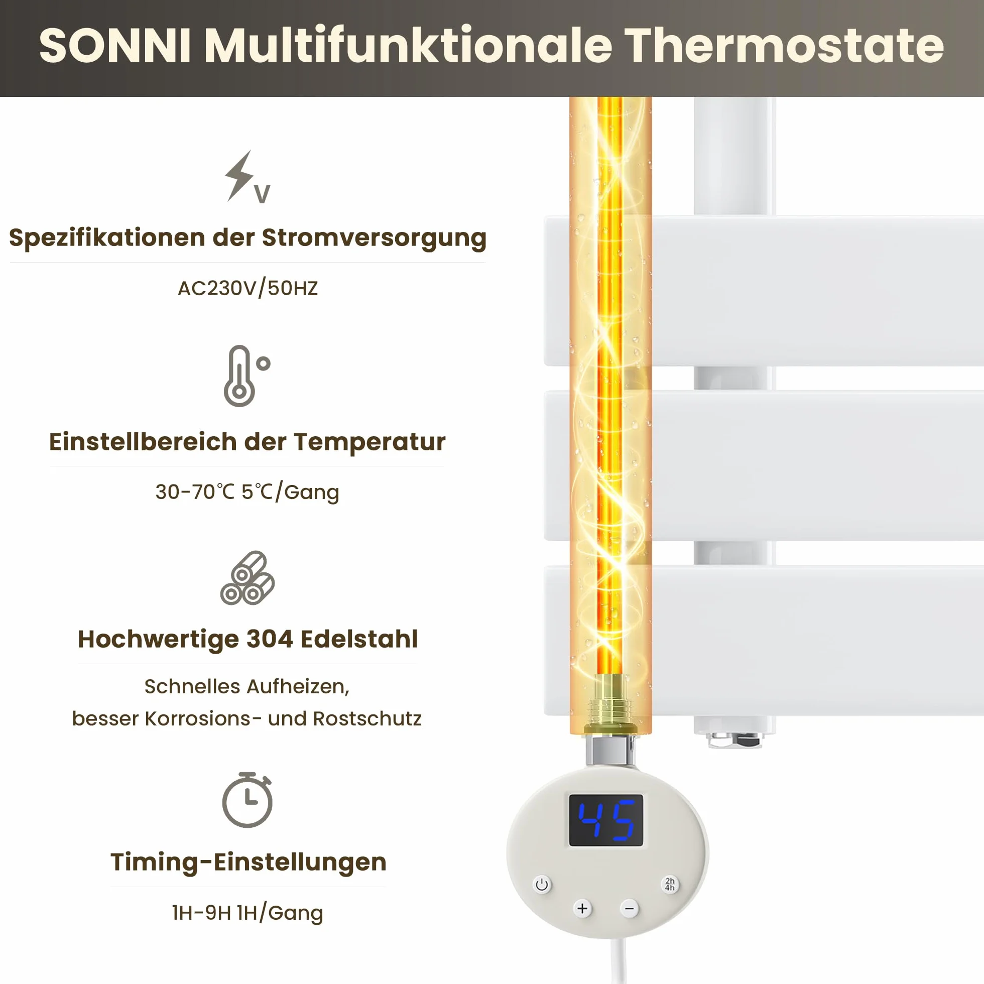 SONNI Pręt grzewczy z termostatem, 1000 W, biały, elektryczny pręt grzejny do grzejników łazienkowych, element grzejny do ogrzewania, rura grzewcza ze stali nierdzewnej z regulatorem temperatury