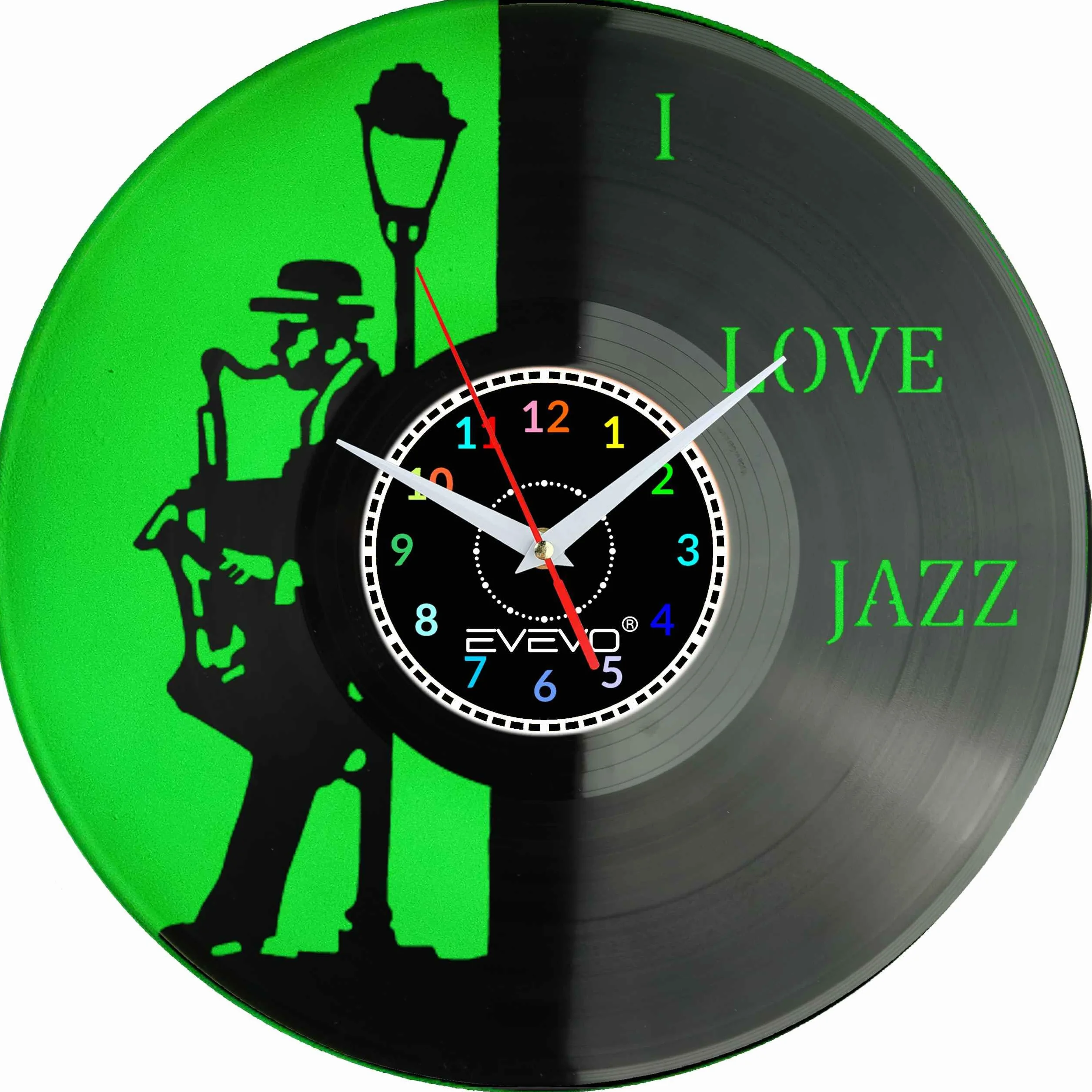 ZEGAR ŚCIENNY LOVE JAZZ MUZYKA SAKSOFON FLUORESCENCYJNE TŁO PŁYTA WINYLOWA PREZENT UPOMINEK GIFT SOUVENIR EVEVO F0077