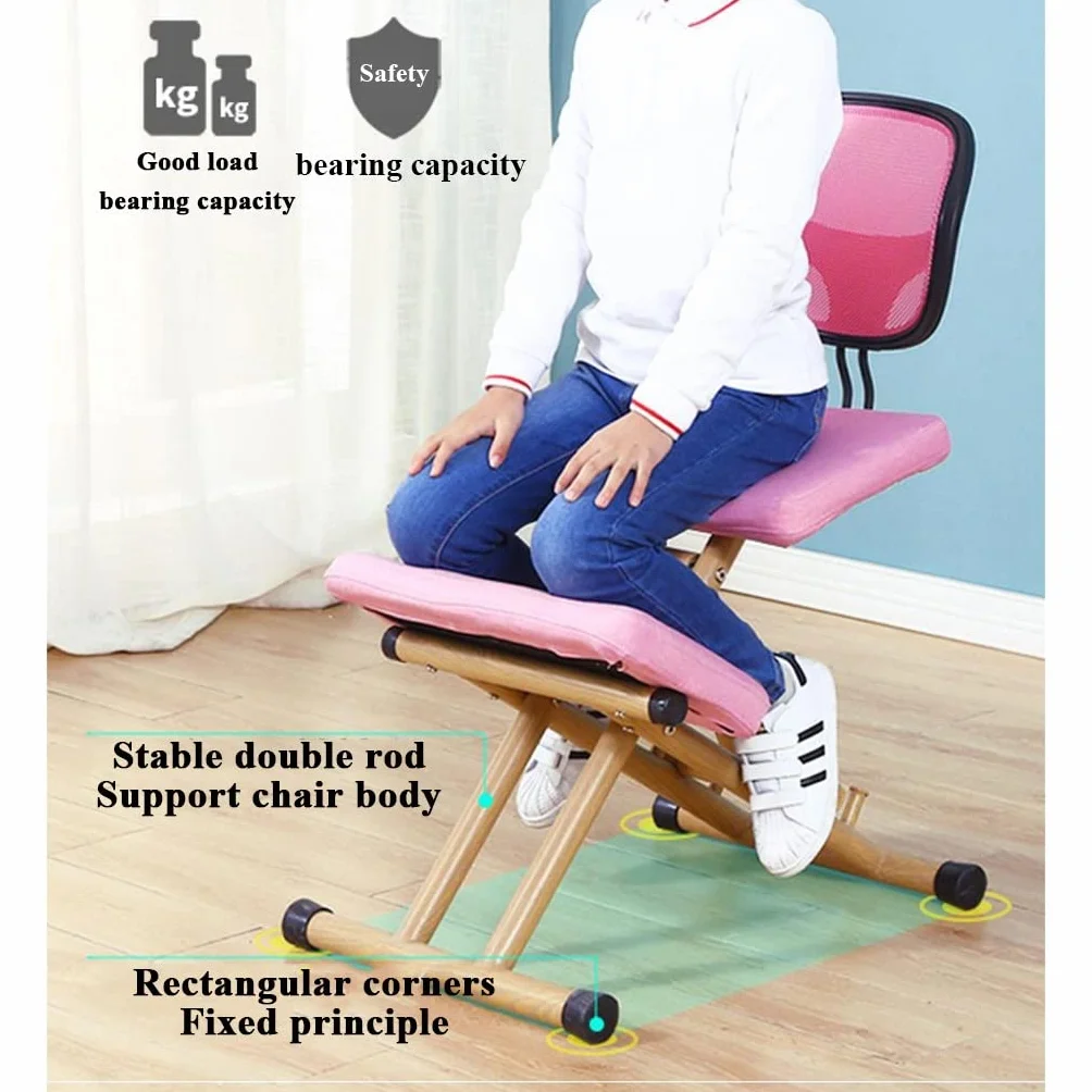 Ergonomiczne krzesło klęczące, regulowane nachylenie i siedzisko balansowe, drewniana konstrukcja pionowa, regulacja wysokości i kąta, poprawia postawę i komfort
