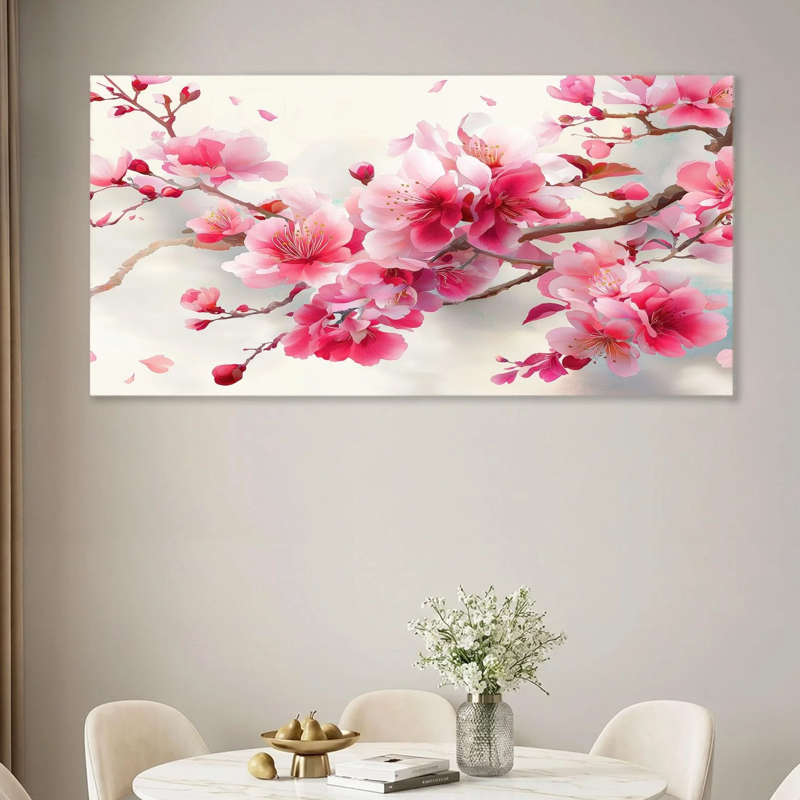 Obraz ścienny orientalny chiński obraz na płótnie - obraz na płótnie 140 x 70 cm, wydruk na płótnie z gałązką kwiatową, oprawiona sztuka ścienna do salonu i sypialni, dekoracja ścienna, różowy