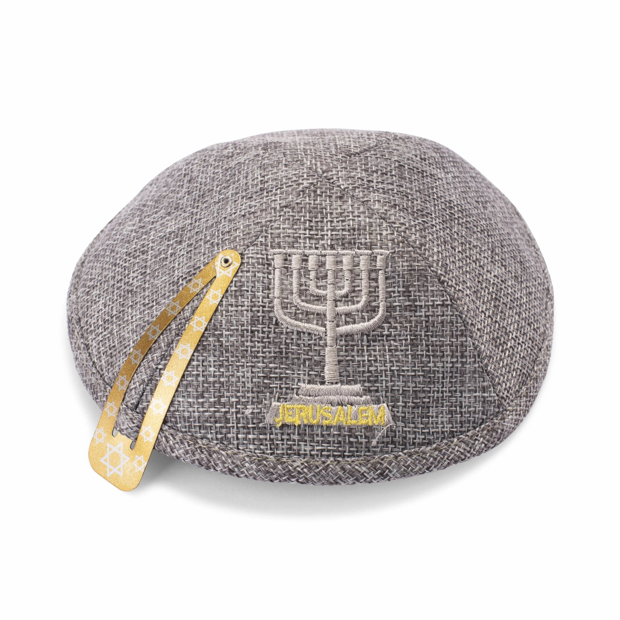 Ciemnoszary lniany kippah haftowany Jerozolima Menorah Yarmulke Judaika 15 cm