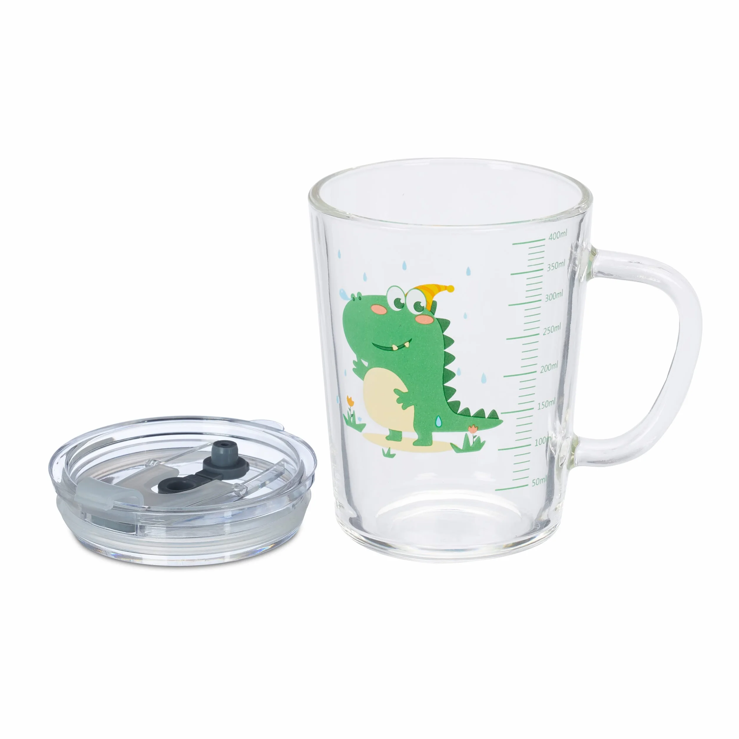 Relaxdays Zestaw 2 szklanek dla dzieci, motyw dinozaura, szklanka do picia dla dzieci, z uchwytem, pokrywką i słomką, skala 400 ml, przezroczyste
