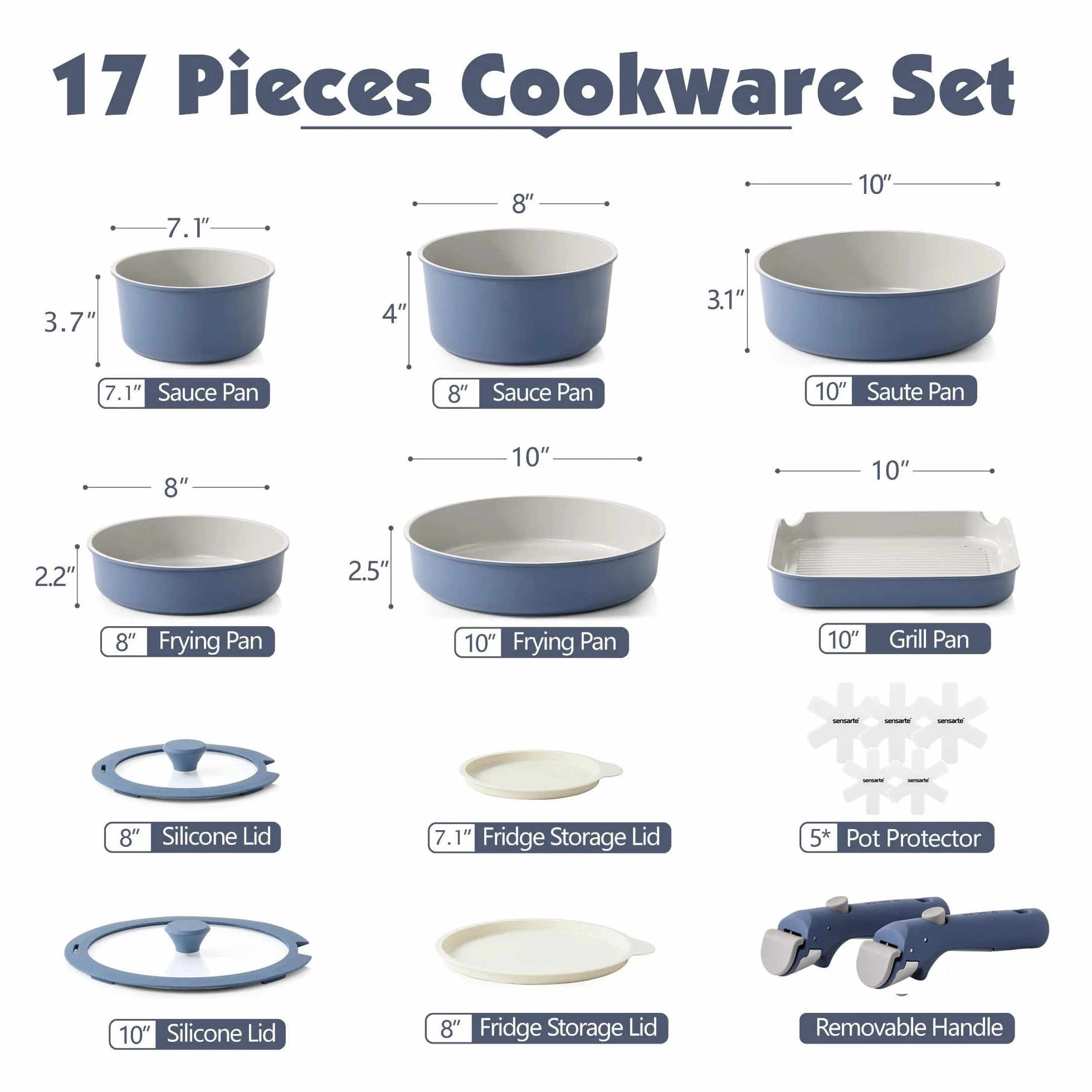 SENSARTE Ceramiczne zestawy garnków, 17-częściowy, nieprzywierające naczynia kuchenne ze zdejmowanym uchwytem, nadają się do wszystkich rodzajów kuchenek, nadają się do mycia w zmywarce, nadają się do