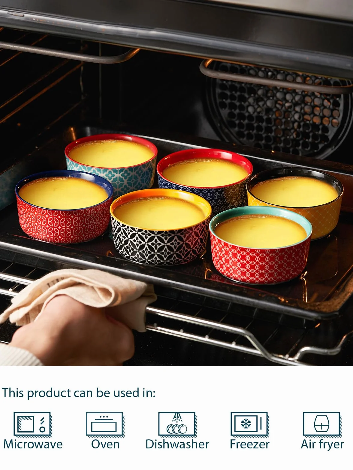 DOWAN Creme Brulee 6-częściowy zestaw miseczek do sufletu, 120 ml, porcelanowe foremki do sufletów, małe naczynie do zapiekanek, miski Ragout Fin, nadają się do kuchenki mikrofalowej, Airfryera i