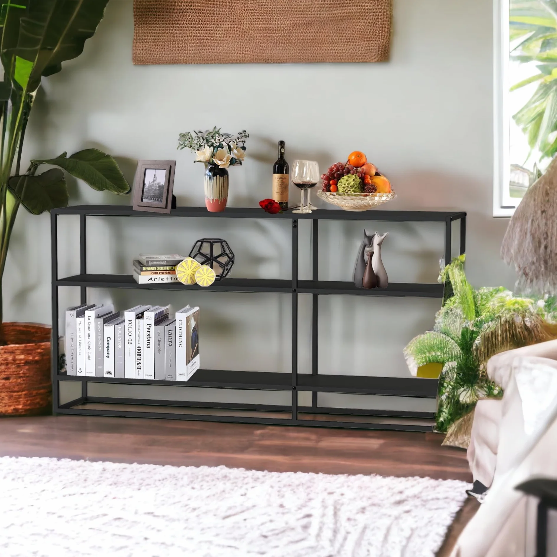 DanDiBo Stolik konsolowy, wąski, metalowy, czarny, z 3 poziomami, nowoczesny, 140 x 70 x 25 cm, regał stojący, regał stojący 96471, metalowy regał z półką