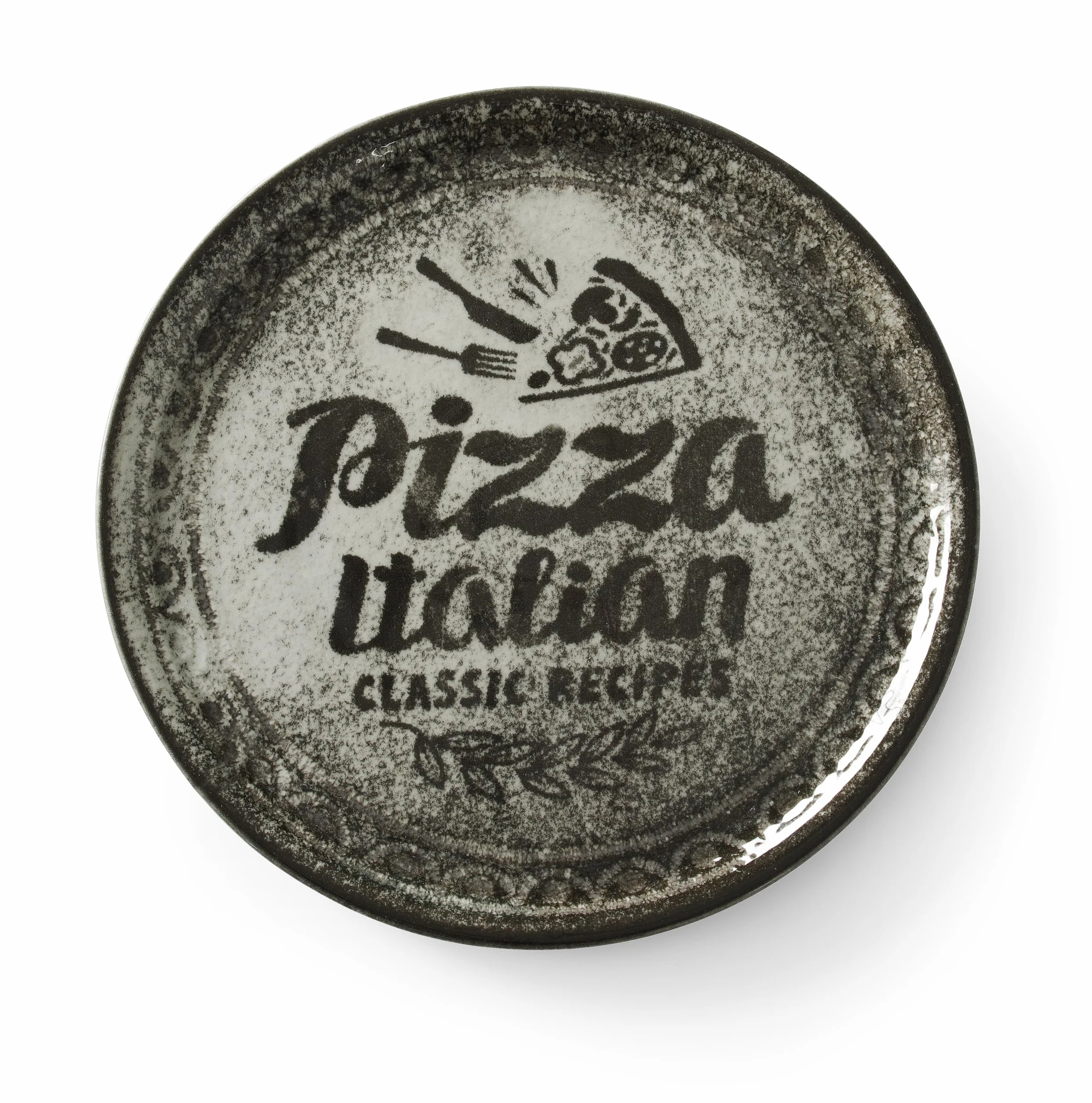 HENDI Talerz do pizzy, porcelana, wzór: tekst i ilustracja pizzy, można myć w zmywarce i stosować w kuchence mikrofalowej, ⌀310mm, czarny