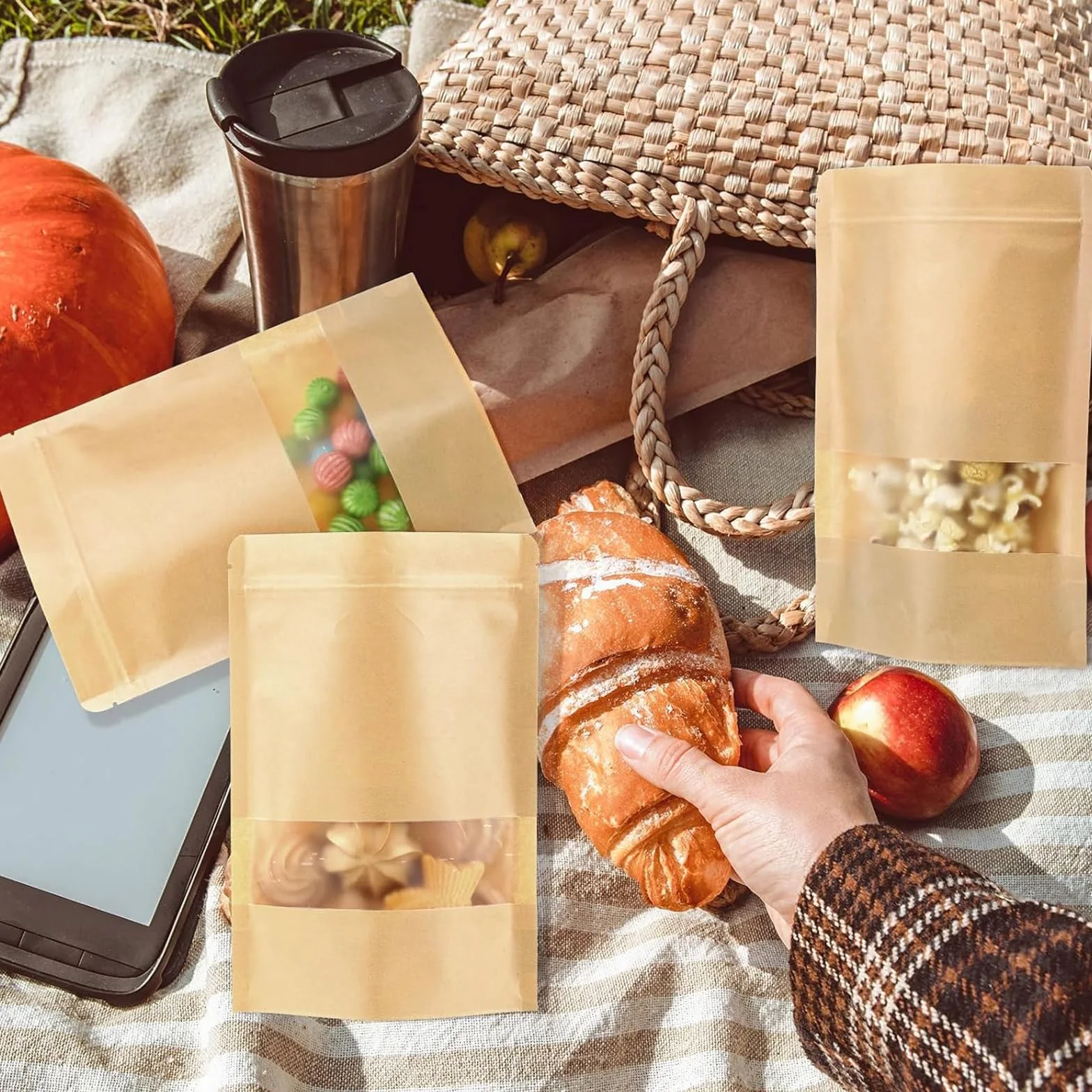120 sztuk torebek papierowych z okienkiem, 10 x 15 cm, torebki z papieru typu kraft, torebki wielokrotnego użytku, brązowe na słodycze, orzechy, ziarna kawy, przyprawy, liście herbaty
