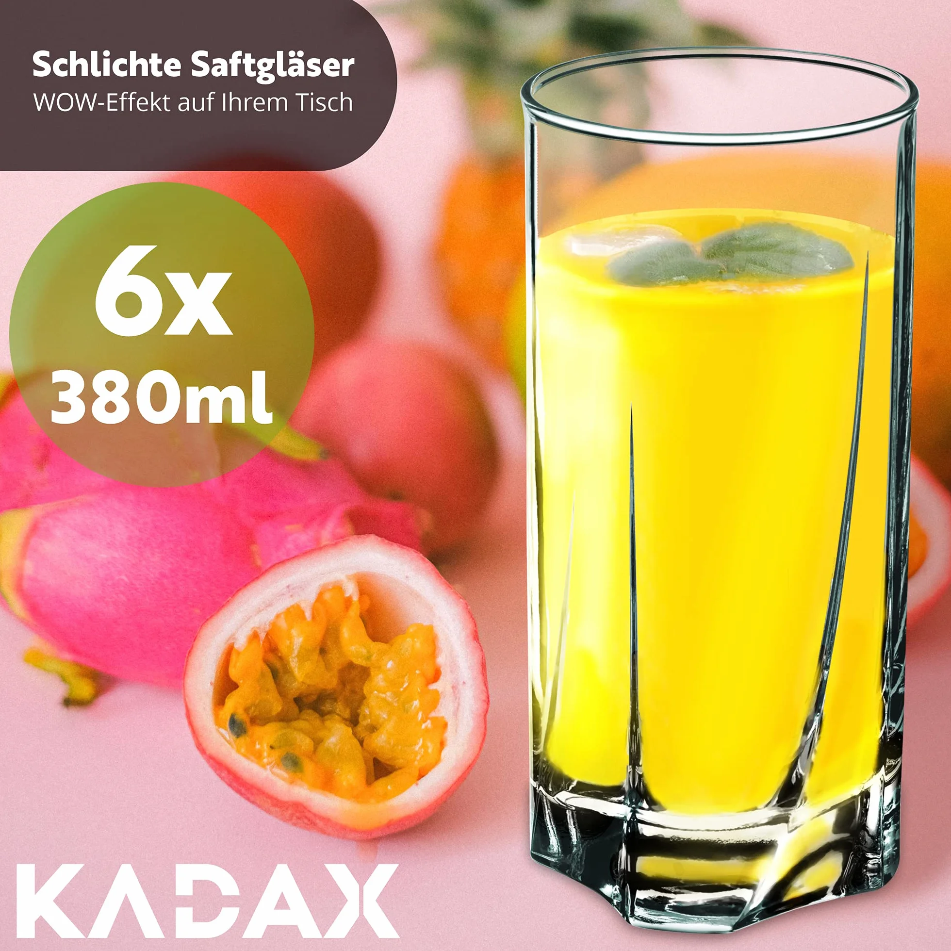 KADAX Zestaw 6 szt. Szklanki wysokie żłobione 380 ml do wody, soku i drinków oferują pewny chwyt dzięki żłobieniu, a grube ścianki zwiększają wytrzymałość.
