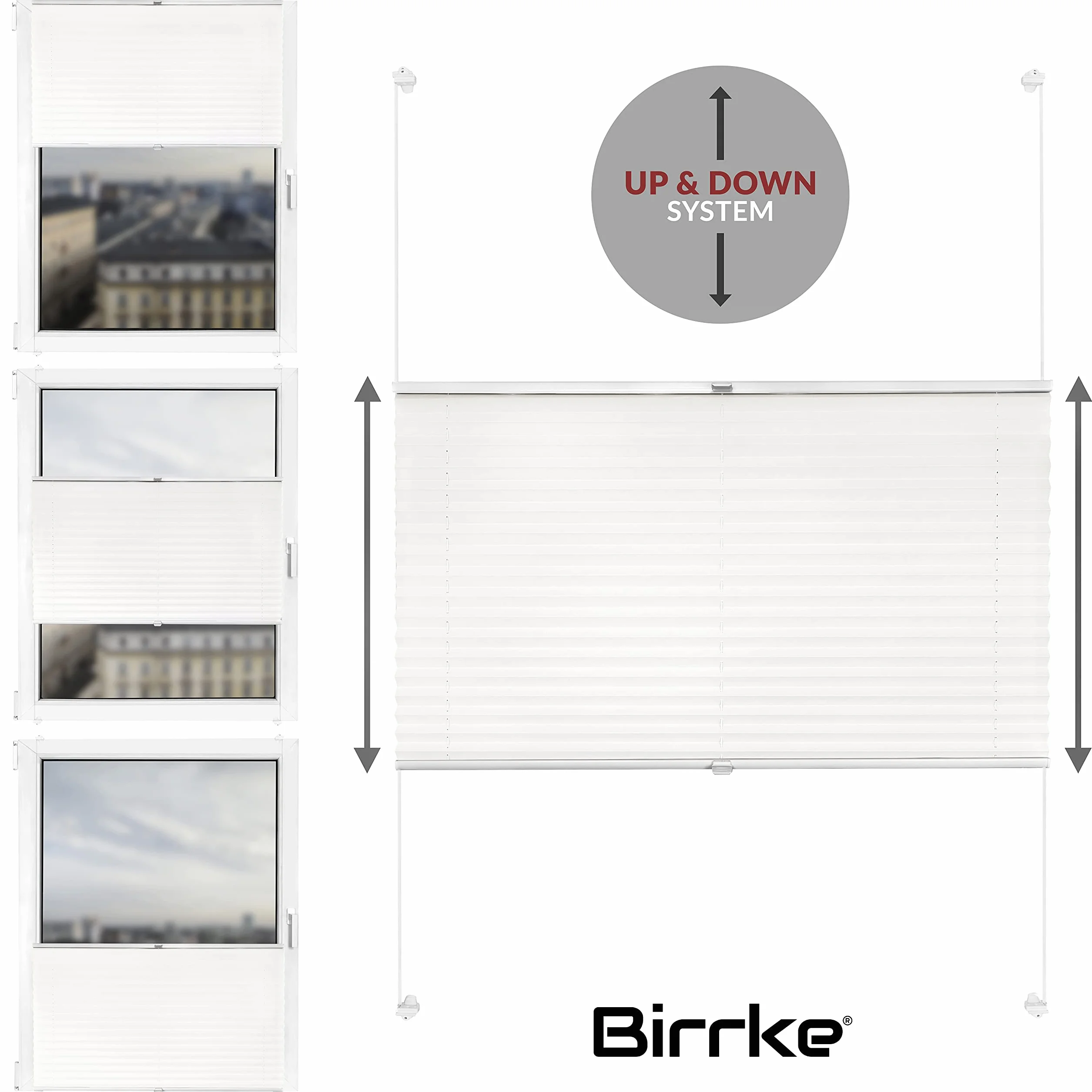 Birrke® Plisa Okienna Bez Wiercenia, Półzaciemniająca, 55x220 cm – Roleta Plisowana z Funkcją Regulacji Góra-Dół, Ochrona Prywatności, Osłona Przeciwsłoneczna, Łatwy montaż - Biały