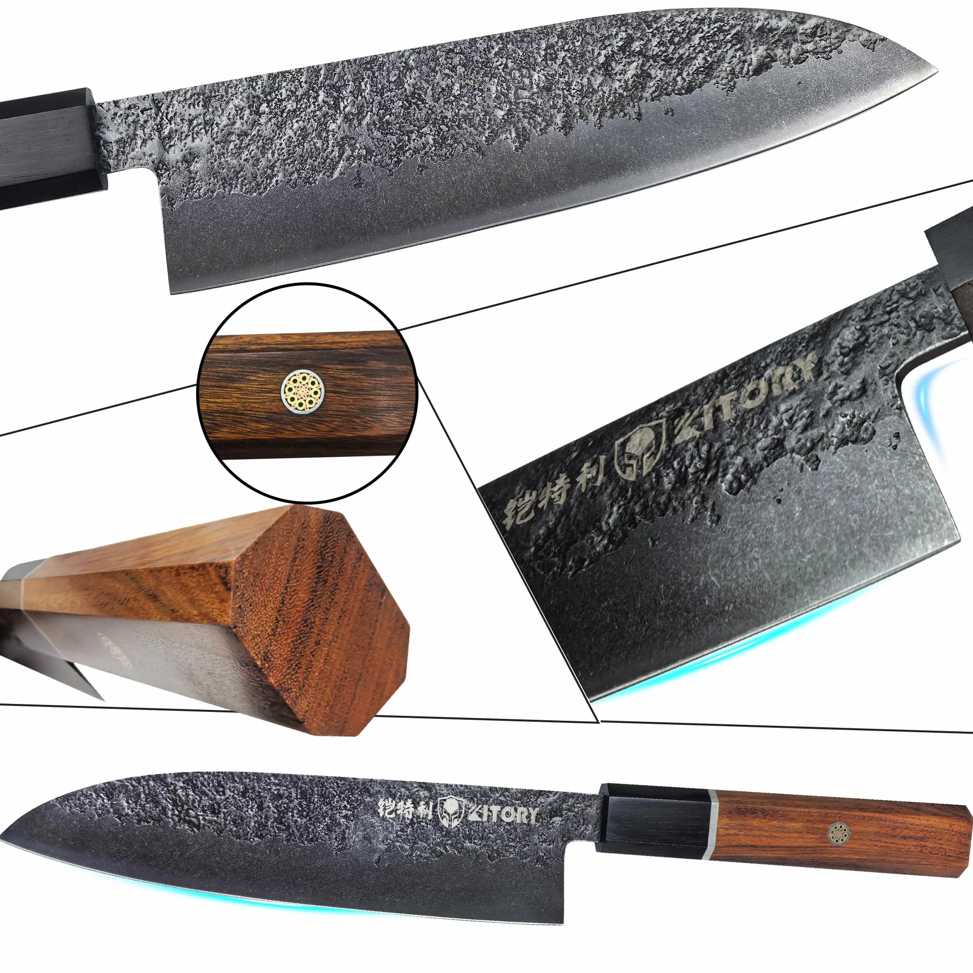 Kitory Nóż Santoku japoński Kitory 17 cm, stal 4Cr13MoV | Ultraostry profesjonalny, Rączka z czarnego drewna, Wkładka z czerwonej gumy, Prezent 2026 dla domu i restauracji
