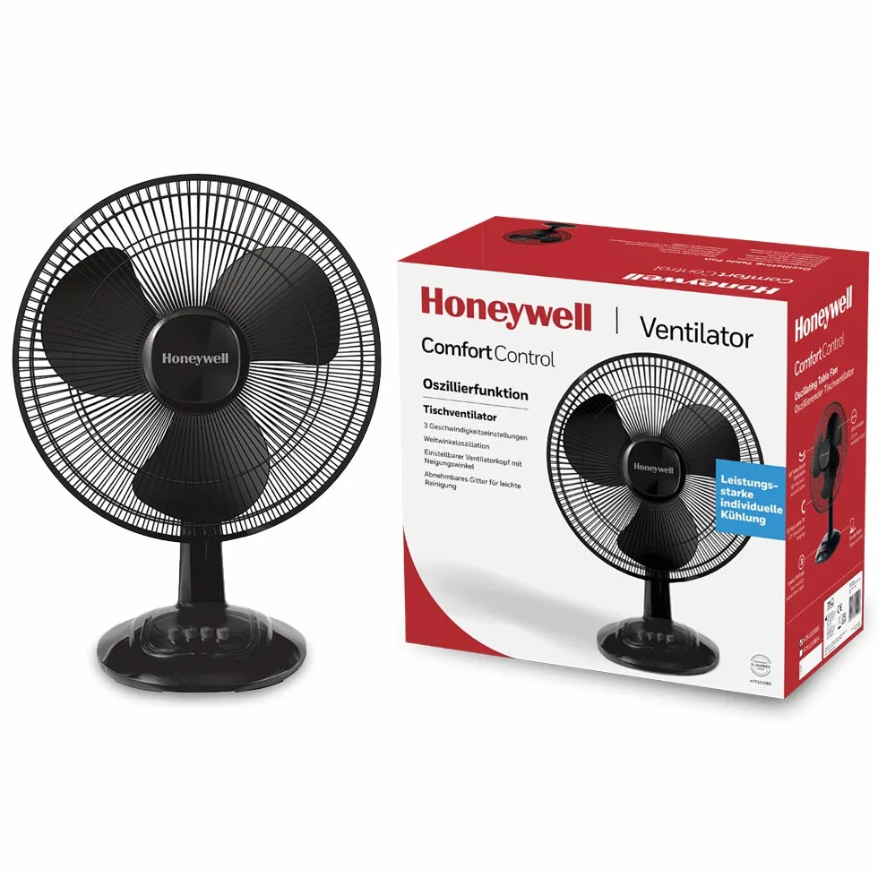 Wentylator stołowy Honeywell Comfort Control z funkcją oscylacji (3 poziomy prędkości, oscylacja w zakresie 90°, łopatki 30 cm, pochylenie w zakresie 30°, solidna podstawa) HTF1220